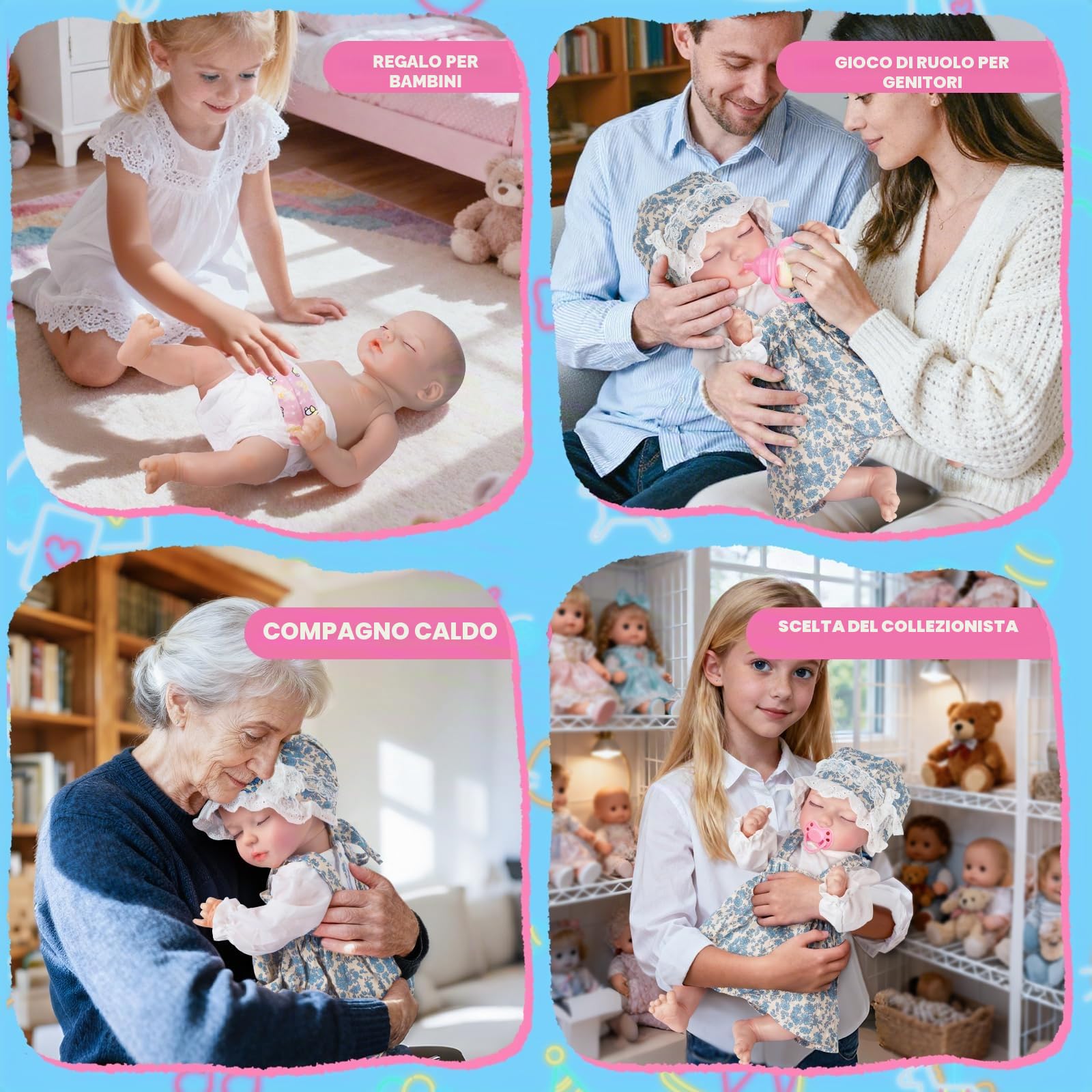 JONRRYIN Bambole Reborn con Sensore di Gravità, 43cm Bambole Reborn Interattive per Bambine, che Respirano, Piangono e Ridono, Ideali dai 3 Anni in su (Blu)