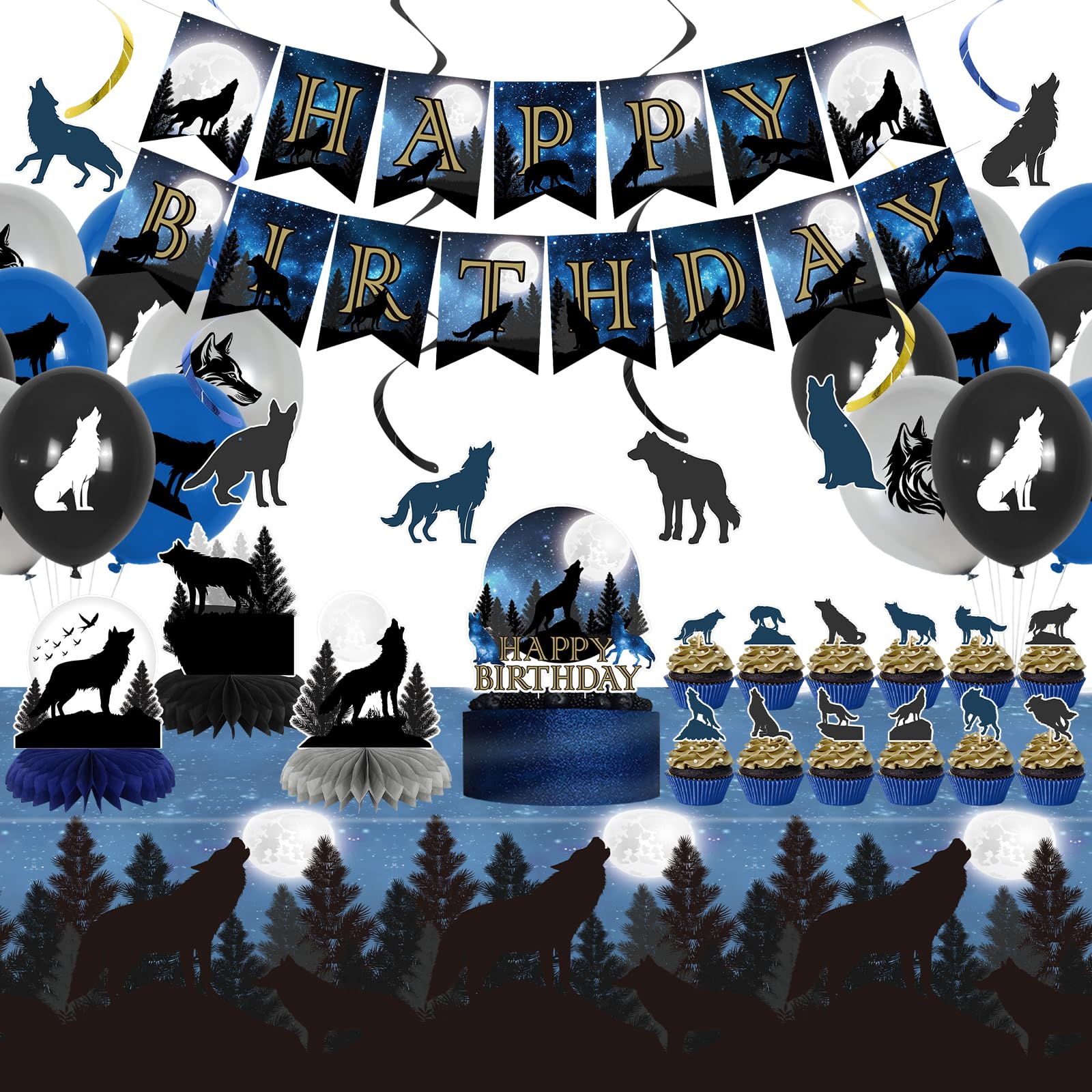 Obussgar Wolf Birthday Party Decorations - Wolf Party Supplies including Happy Birthday Banner, Spirals, Cake Toppers, Table Centerpieces, Balloons (lq)