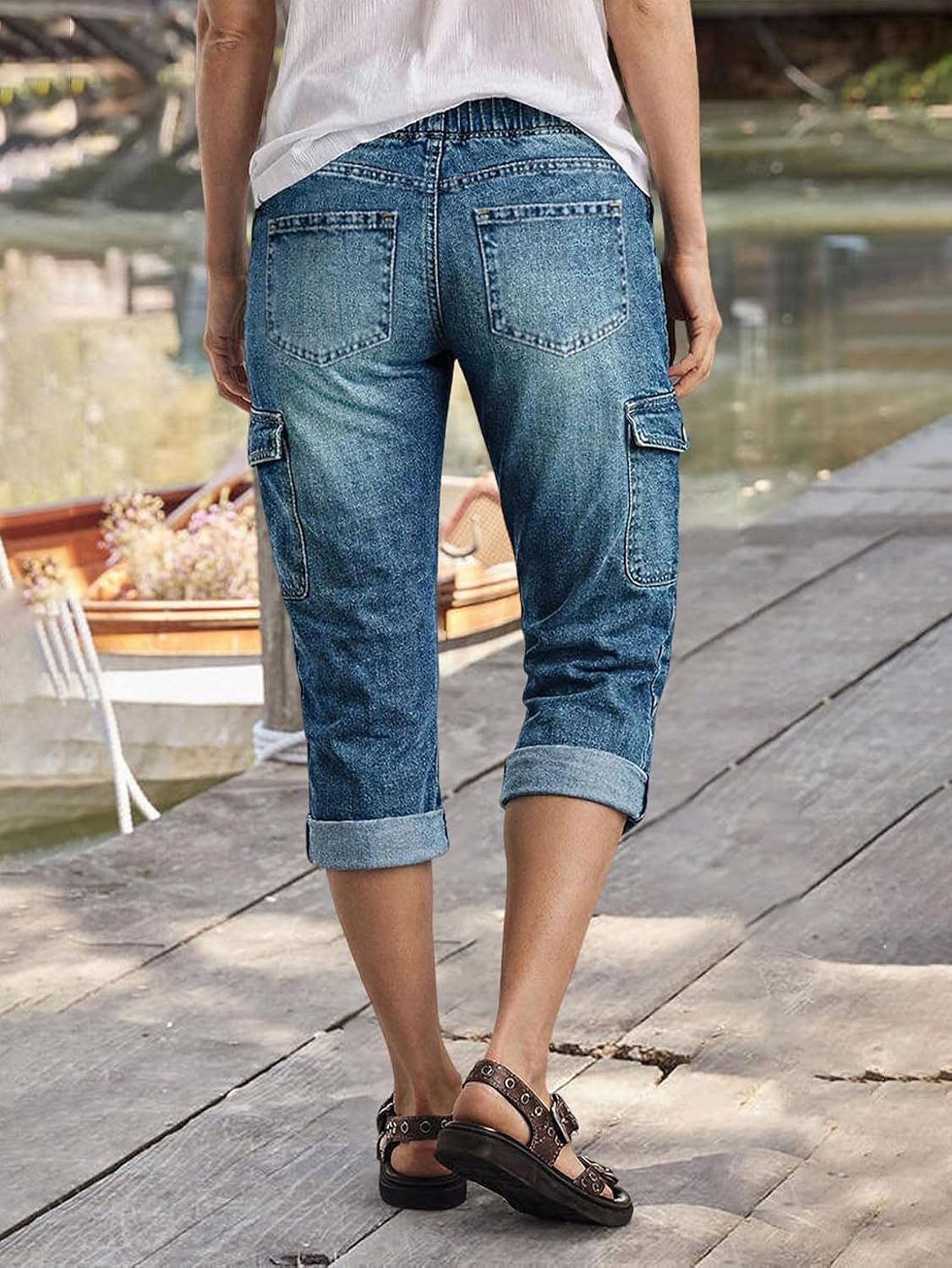 Flamingals High Rise Capri Jeans for Women Straight Leg Drawstring Stretchy Butt Lifting Denim Capris Jeans