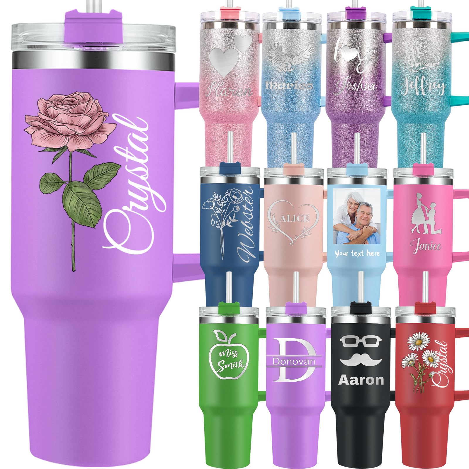 Personalized Tumbler With Handle 40oz Custom Birth Flower Name Travel Cups With Lid And Straw Customized Reusable Insulated Stainless Steel Birthday