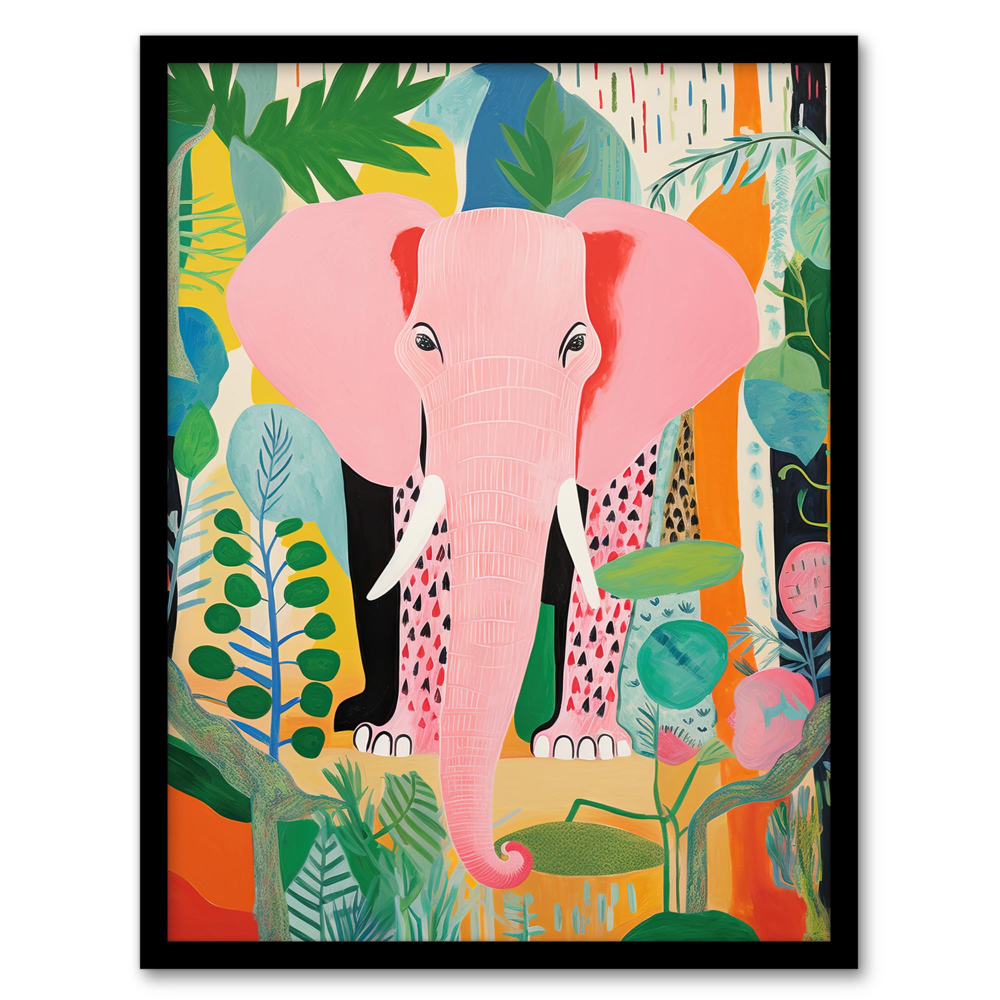 Wee Blue Coo Pink Elephant Jungle Animal Fun Multicoloured Artwork Framed Wall Art Print A4