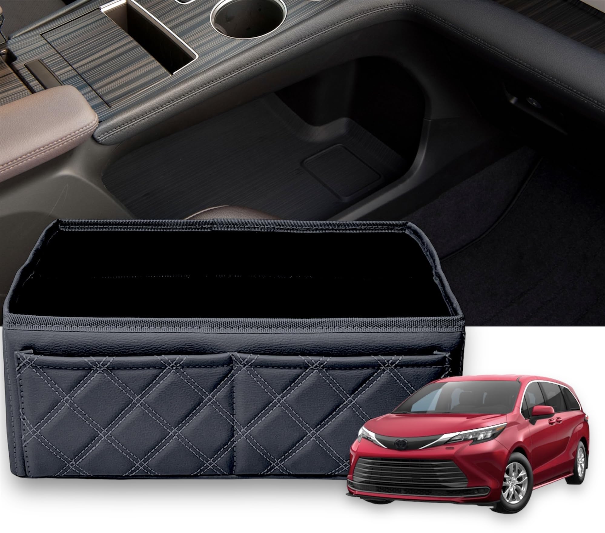 EMZ Pu Leather Lower Center Console Storage Box Organizer for Toyoya Sienna 2021 2022 2023 2024 2025 (black)