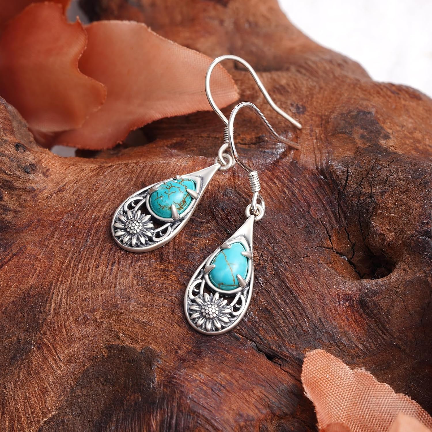 Sunflower Turquoise Earrings 925 Sterling Silver Genuine Turquoise Sunflower Earrings Western Nature Gemstone Turquoises Jewelry Gifts for Women - Image 2