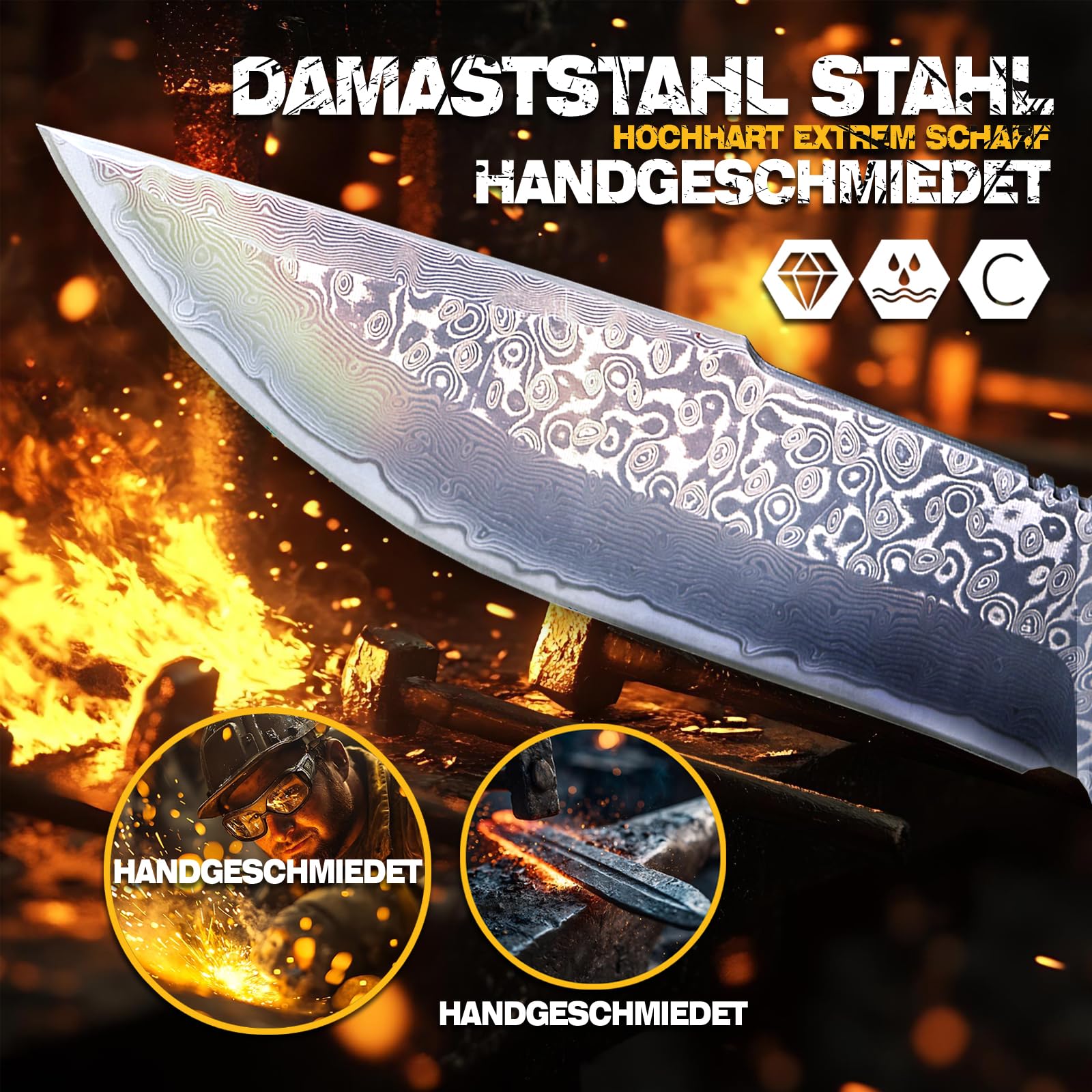 Handgeschmiedetes 67-lagiges VG10 Damast-Festklingenmesser,Outdoor Jagd-Überlebens-Gürtelmesser für Camping,Wandern,Angeln,Massivholzgriff+Echtlederscheide,edle Geschenkbox für Herren&Sammler
