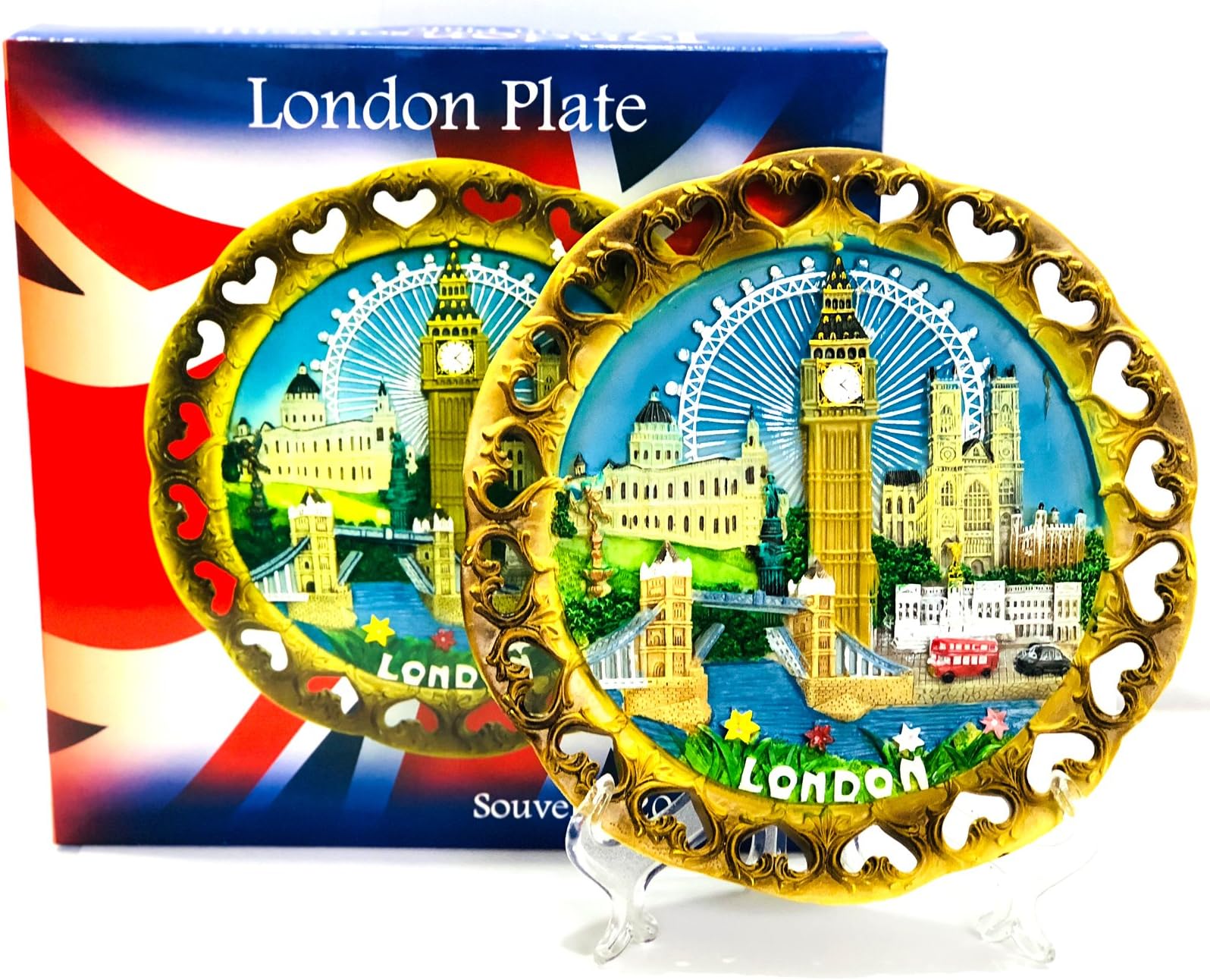 Wood Style Decorative Plate Detailing London Skyline: Big Ben, Tower Bridge and London Eye etc (Large Cutout)