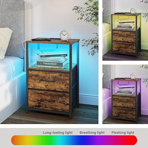 Miniatura 6 de TUTOTAK Mesa auxiliar LED con estación de carga, mesita de noche con cajón de tela, mesa auxiliar con 1 puerto USB y 1 puerto tipo C, juego de 2,