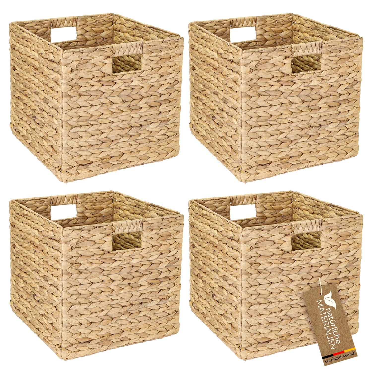 HMF Aufbewahrungskorb passend für KALLAX Regal, Korb geflochten aus Wasserhyazinthe mit Griffen | 4er Set | 32 x 34,5 x 32 cm | Natur