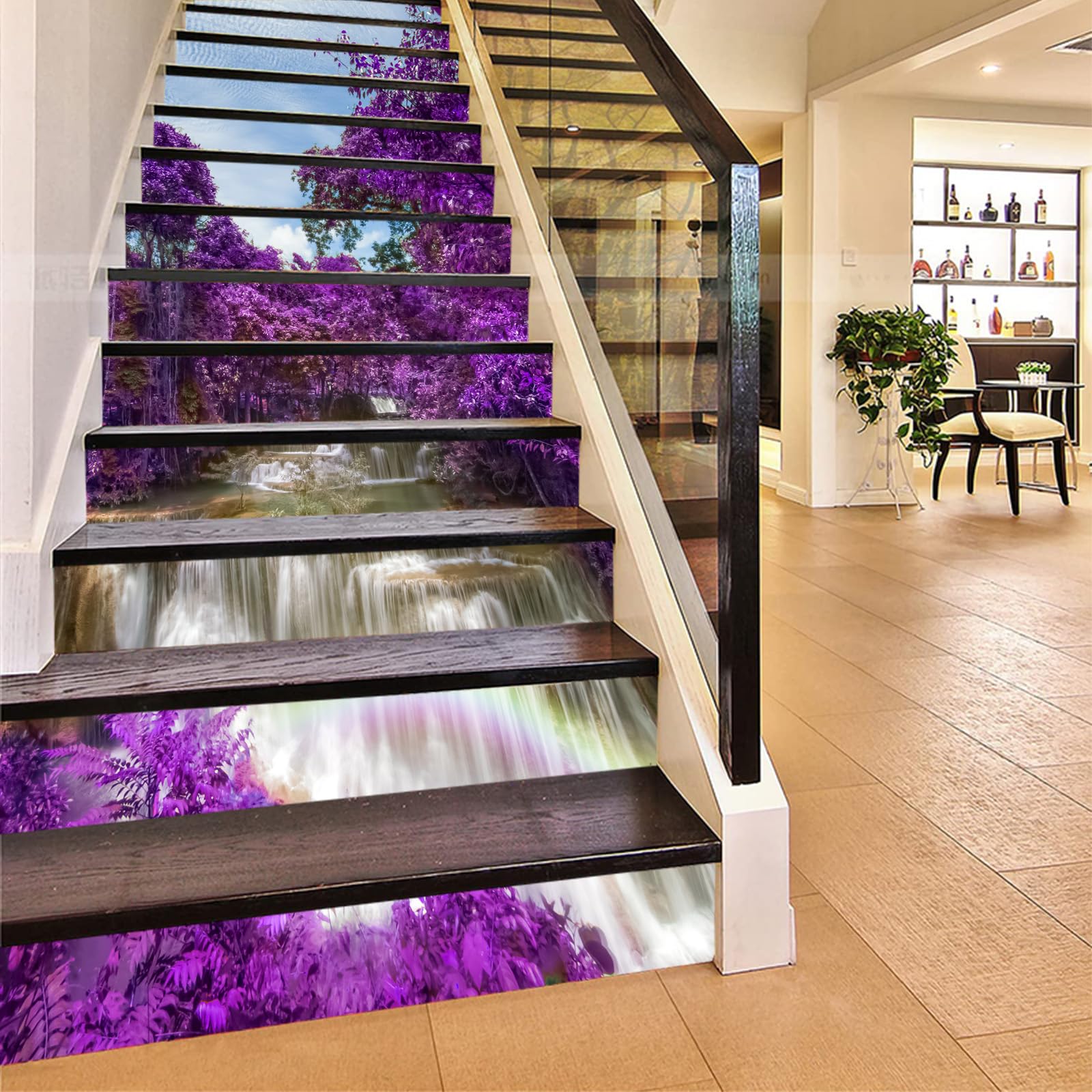 Flfk G781 13Pcs Stair Risers Stickers Peel And Sick 39.37"X7.08",Self-Adhesive Staircase Stickers Decals, Waterfall Purple Flower Trees Forest Mural Wallpaper For Stair Steps