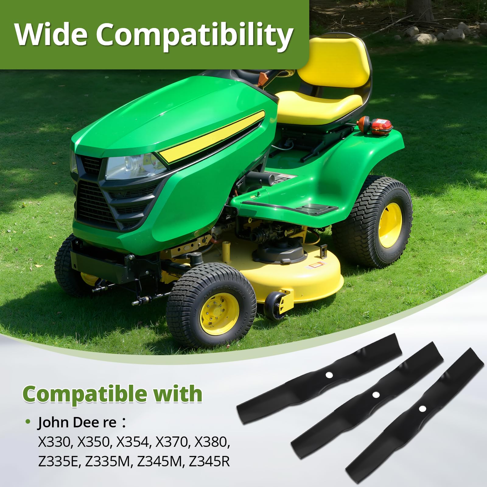 Paquete de 2 cuchillas de repuesto para cortacésped, compatible con modelos John Dee re M170642 X330, X350, X354, X370, X380, compatible con cubiertas de 42 pulgadas