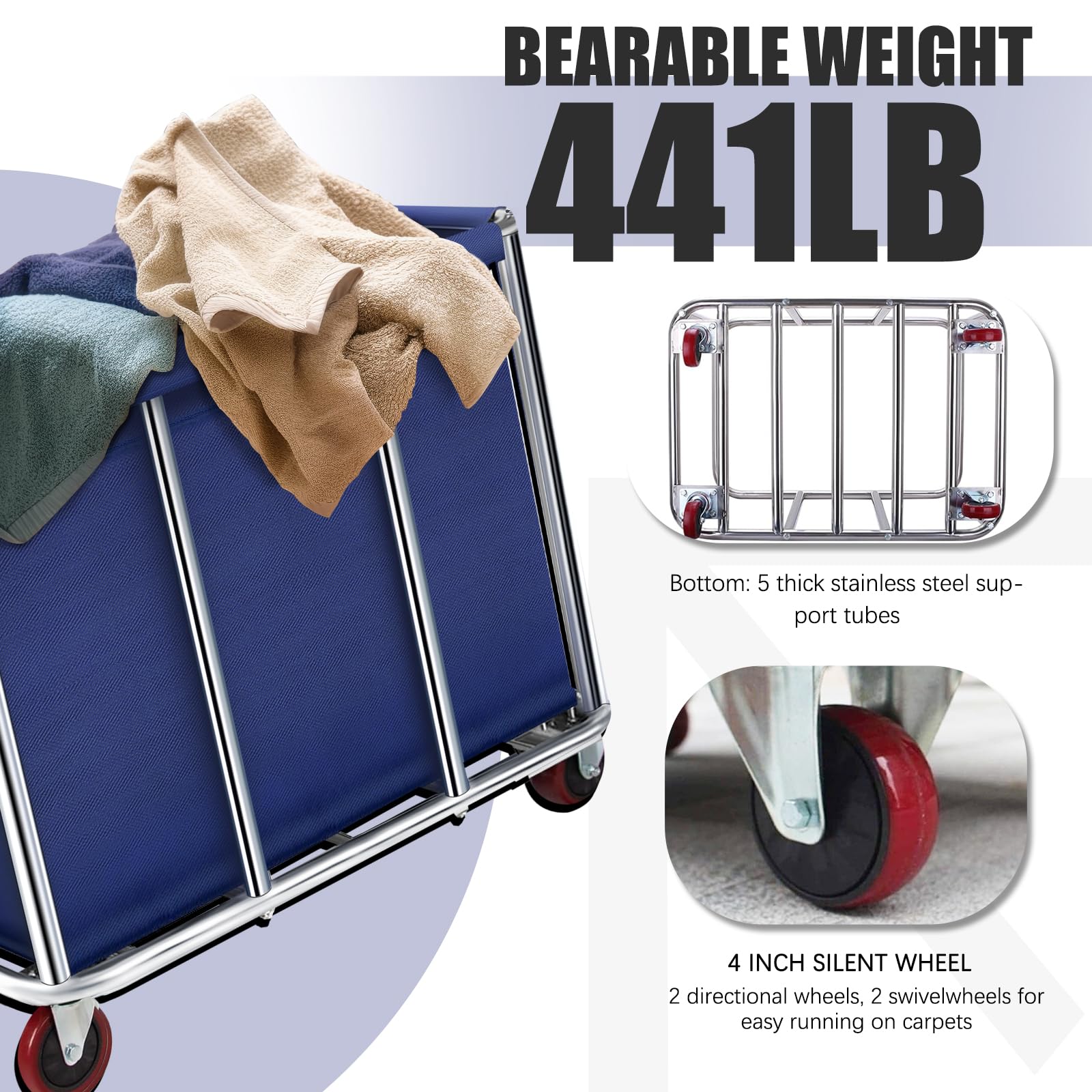 Carrello portabiancheria commerciale su ruote, grande rullo da 11,35 cm, con cesto foderato in tela impermeabile rimovibile, in acciaio inox resistente, per hotel e ospedali