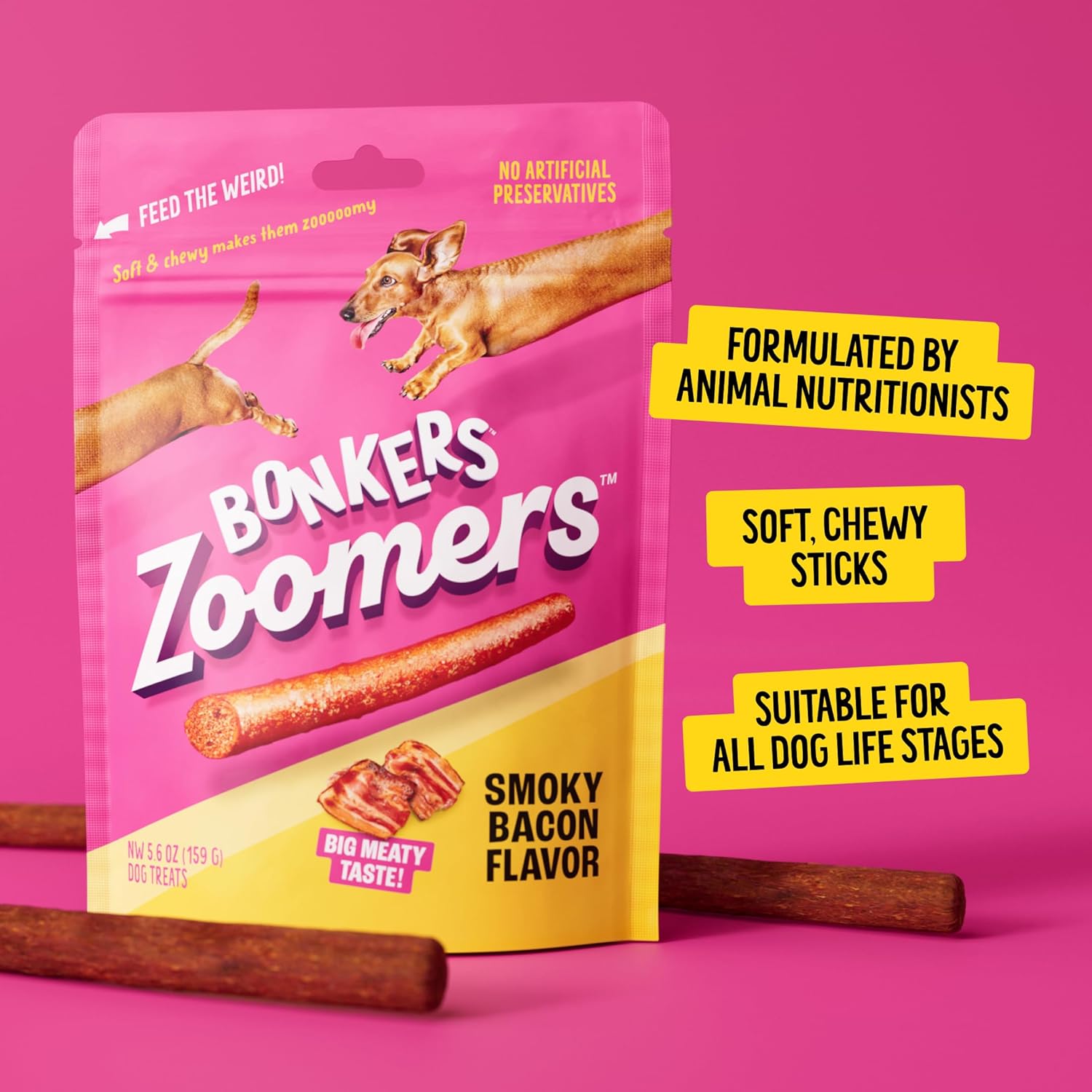 Bonkers Zoomers Soft & ChewySmoky Bacon Flavor Dog Treats, Training Treats or Food Topper, 5.6 oz /159g Resealable Bag for All Breeds and Ages (8 Pack)