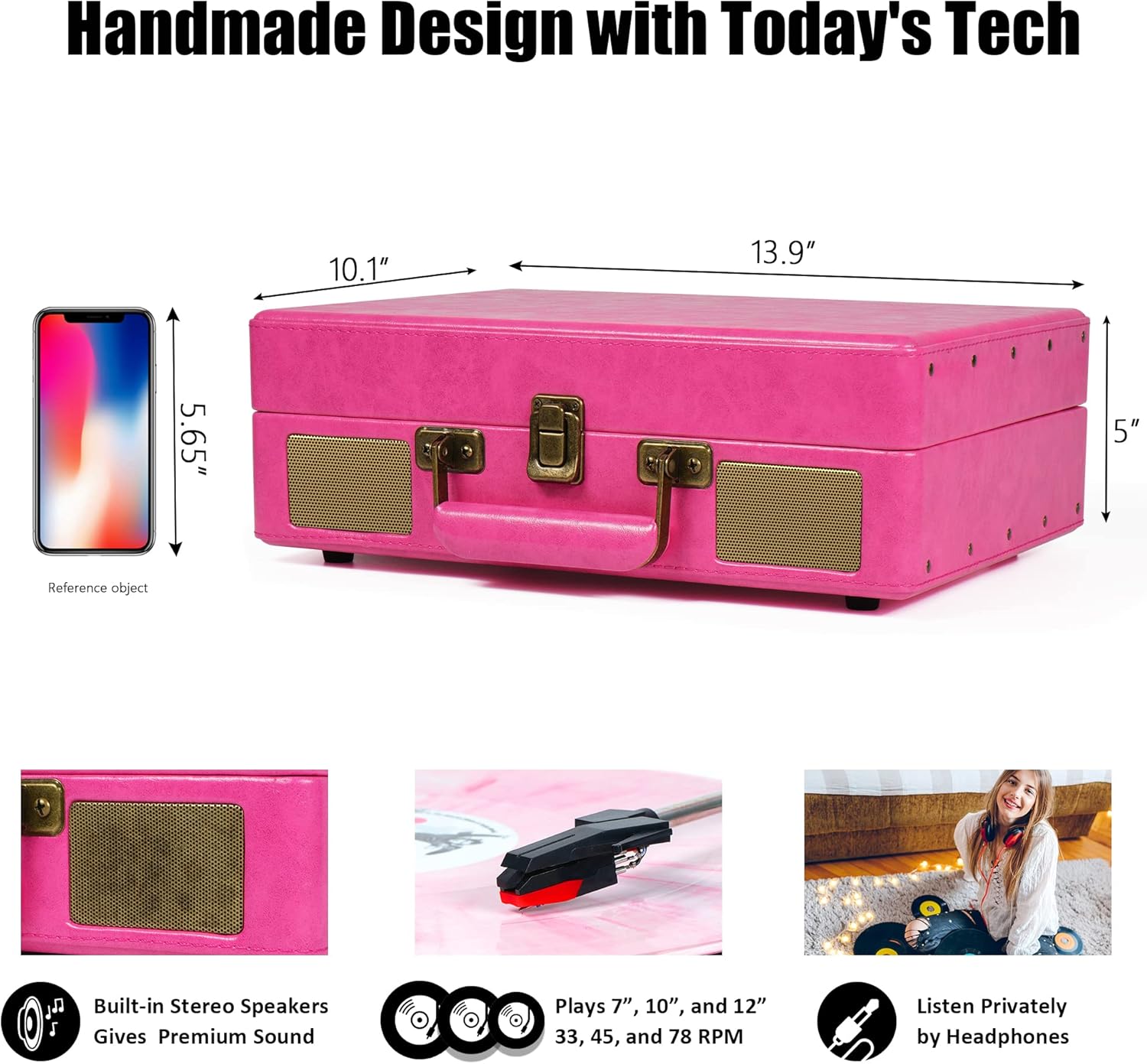 Diagram showing the dimensions of the record player and icons for its features: built-in speakers, 3-speed playback, and headphone jack.