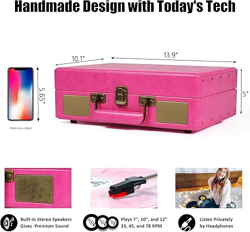 Miniatura 5 de Tocadiscos de maleta con Bluetooth vintage con altavoces integrados, tocadiscos portátil de 3 velocidades con grabadora de audio de vinilo USB,