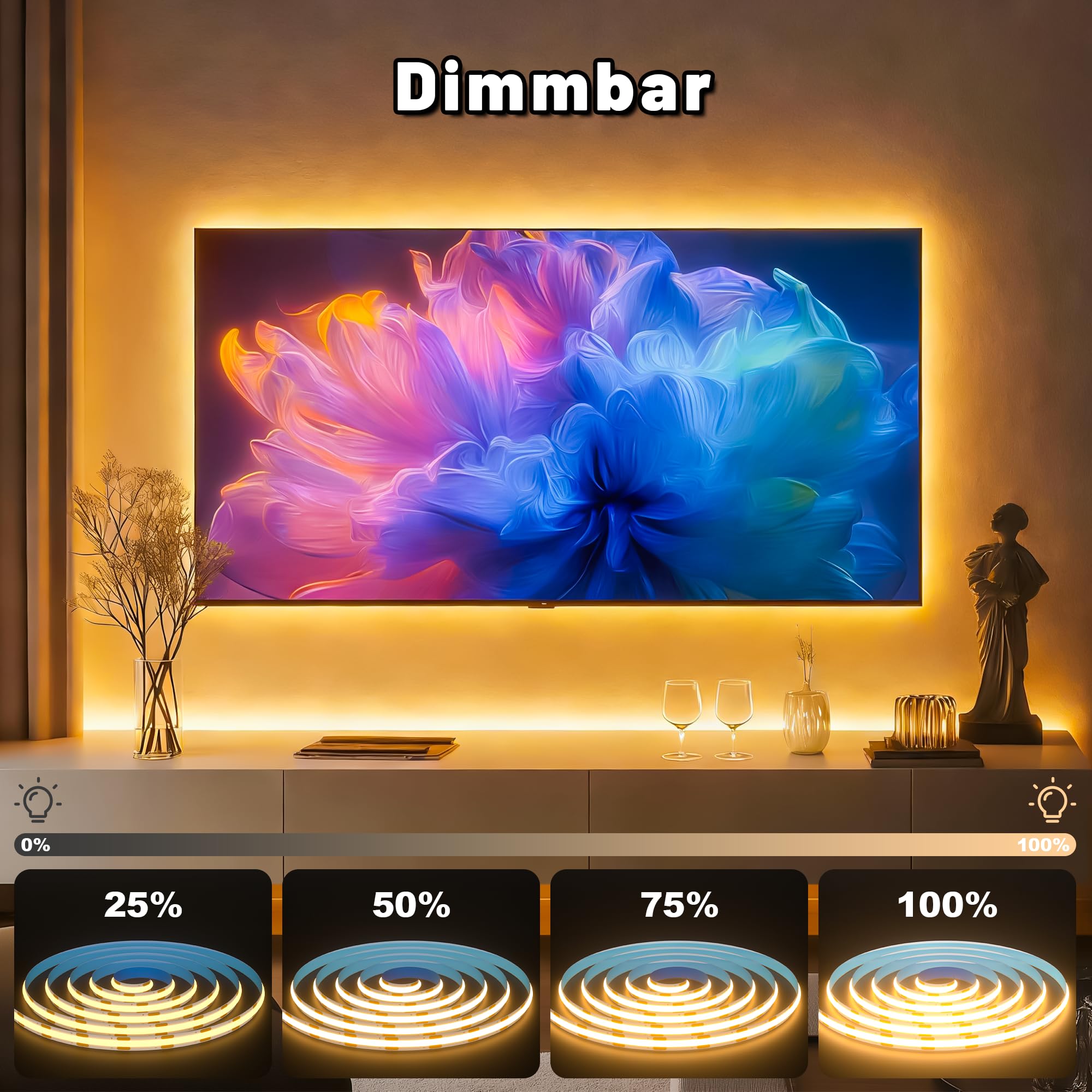Cozylady COB LED-Streifen, LED-Lichtband 3000K-6000K, 5V-24V dimmbare LED-Leiste, mit Fernbedienung und Stromversorgung, geeignet für die Innendekoration zu Hause, Küche, Spiegel. (Wärmeweiß, 5m)