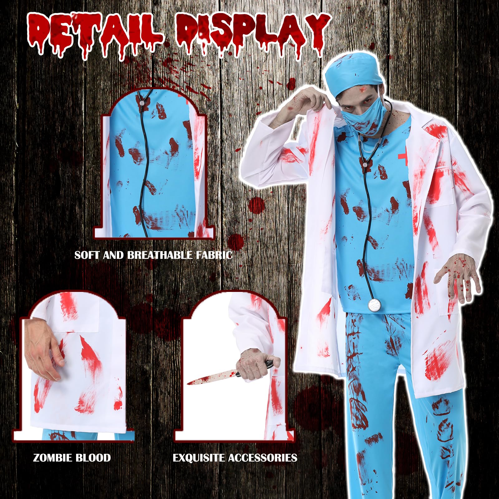 Kostium medyczny zombie dla mężczyzn, zestaw kostium chirurga horror kostium medyczny na Halloween dla mężczyzn w szlafroku, czapka lekarza, maska lekarza, top, spodnie i stetoskop
