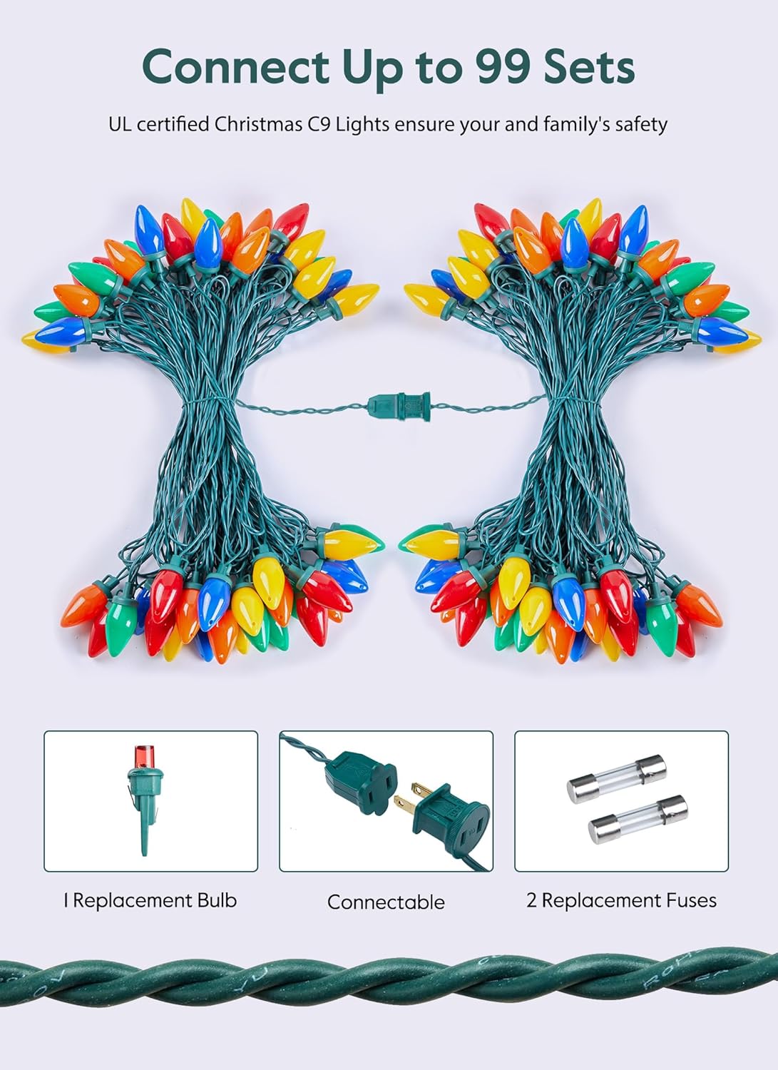 C9 Christmas Lights Outdoor, 50Feet Vintage Christmas String Lights with 50 Colored Bulbs, Connectable Waterproof Lights for Holiday Party Roofline Backyard Garden Patio, Green Wire (Multicolor)