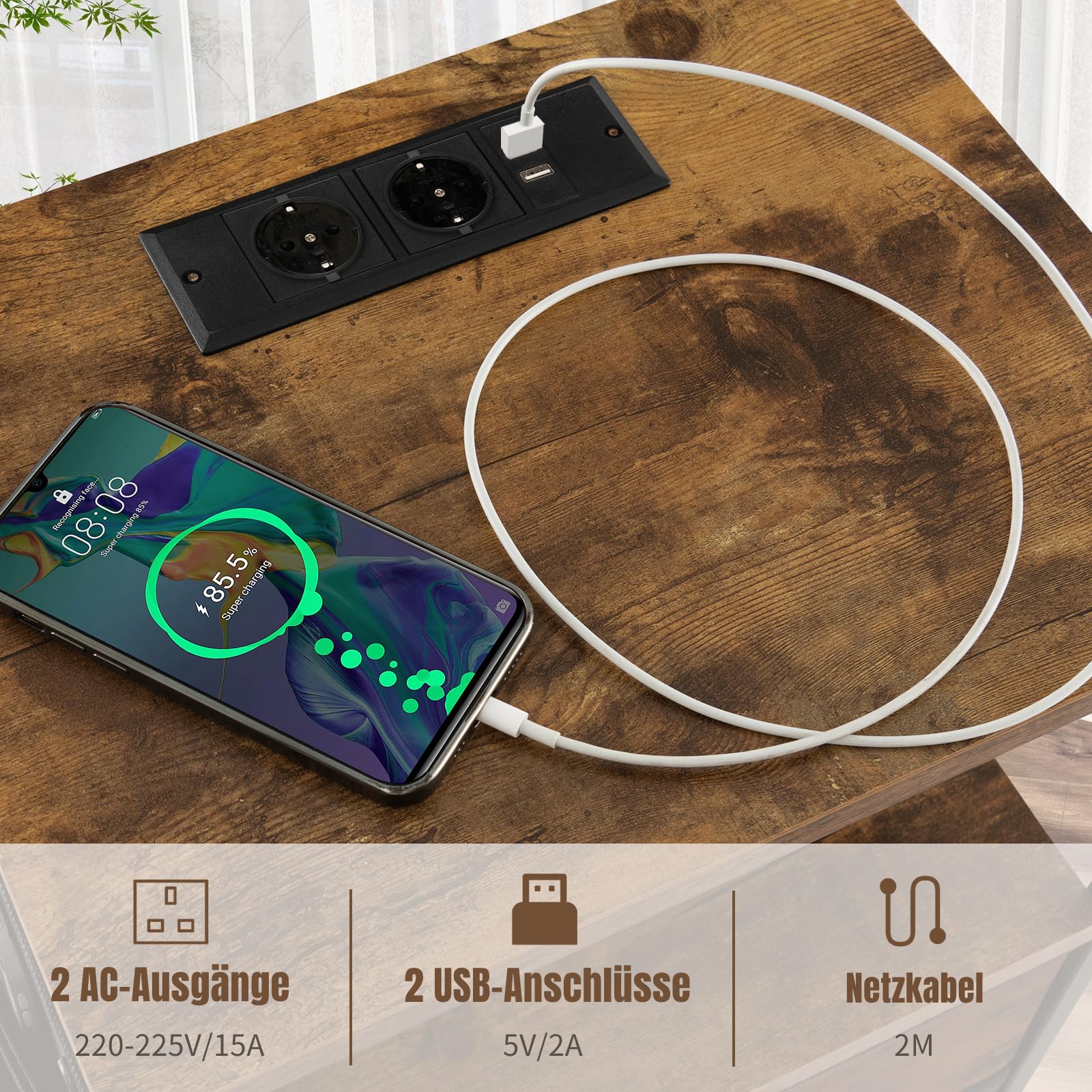 COSTWAY Stolik nocny 2 sztuki z 2 szufladami gniazdko elektryczne USB drewniany 38x30x60 cm rustykalny brąz