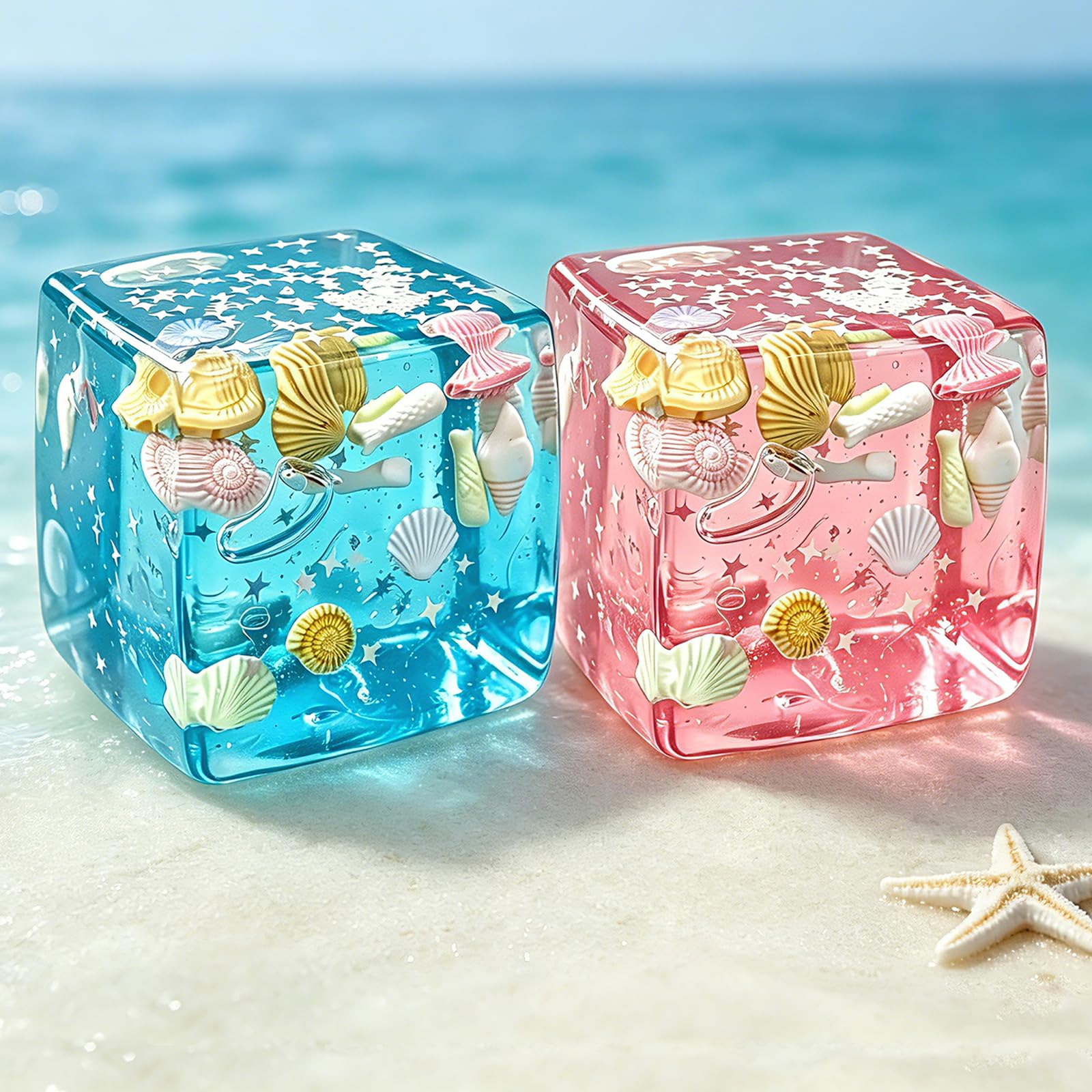 2 Stück Squishy Ice Cube Stresswürfel, 5.5CM Nice Ice Cube Squishy, Ozean Muscheln Eiswürfel Fidget Toys, Relief Sensory Squeeze, Anti Stress Sensorik Geschenke Spielzeug für Kinder & Erwachsene