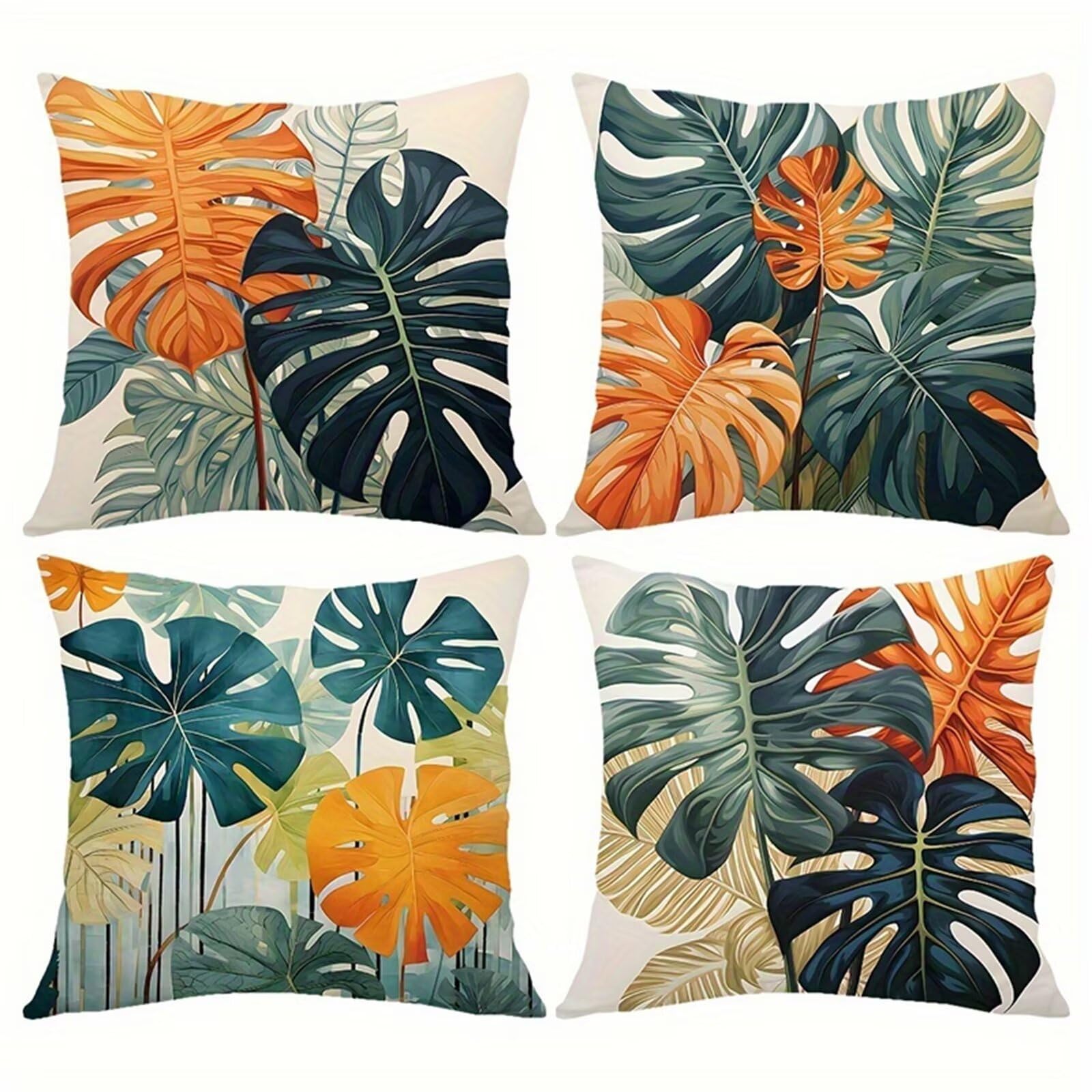Housses de Coussin 70x70 cm Lot de 4 - Feuilles Monstera Tropicales - en Lin Doux et Respirant - Taies d'oreiller Décoratives avec Fermeture Éclair Dissimulée pour Canapé, Salon et Chambre