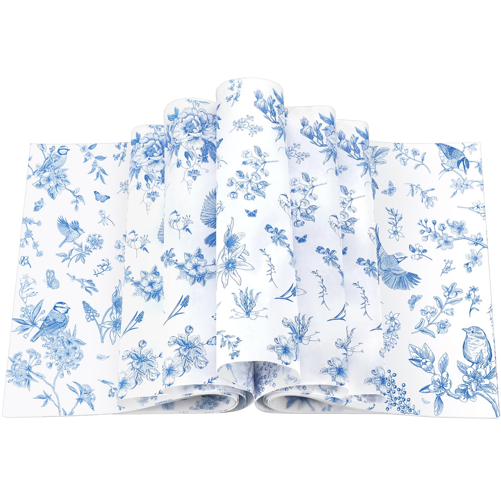 200 Pcs Floral Wax Paper Sheets for Food Chinoiserie Bird Deli Paper Waterproof Sandwich Wrapping Greaseproof Food Basket Liners for Picnic Party Kitchen Supplies, 9.8 x 8.7inch(Blue)