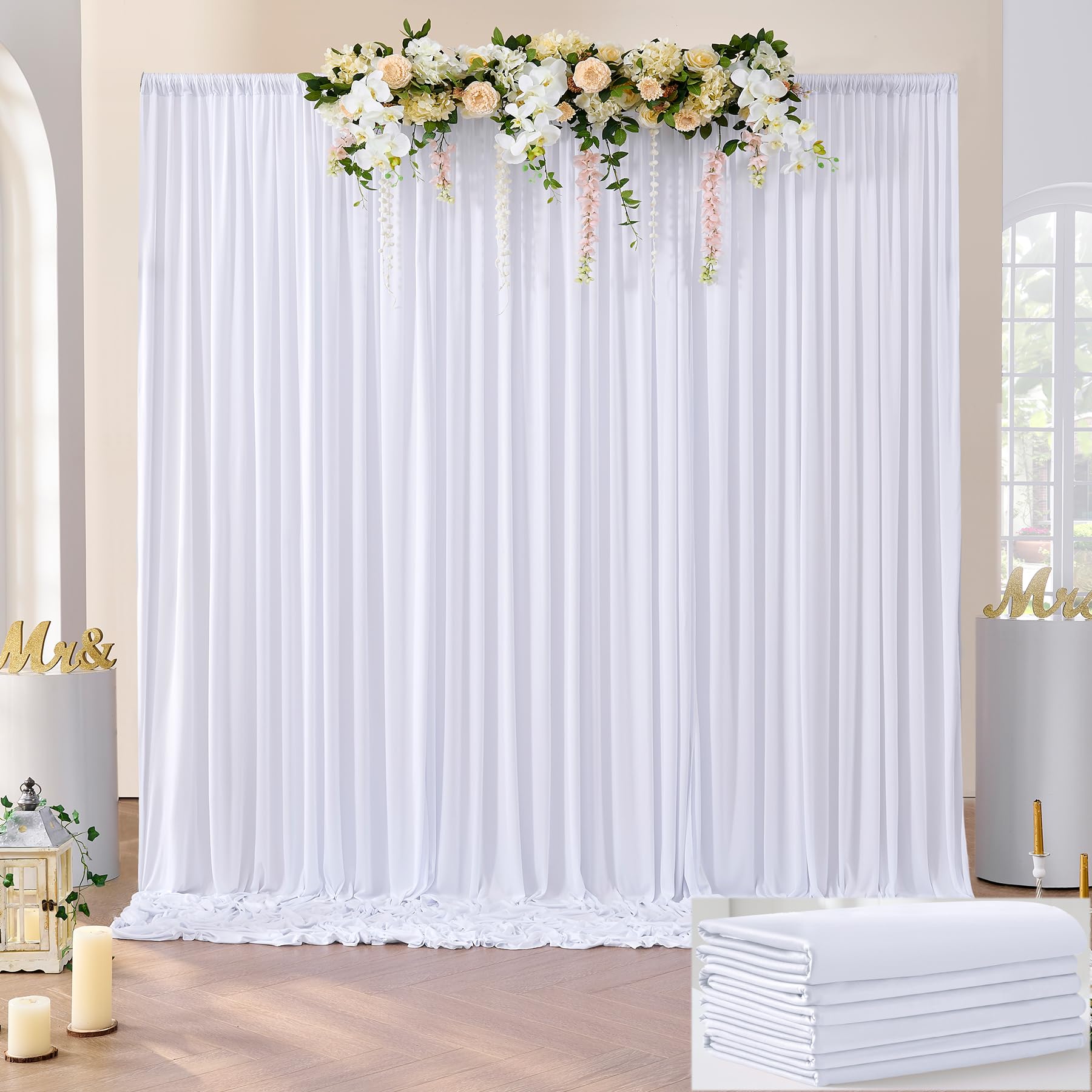 20ft×10ft Wrinkle Free White Backdrop Curtain, Smooth Polyester White Drapes for Backdrop, 4 Panels 5×10ft Photo Backdrops for Birthday Party Baby Shower Wedding Home Background Curtains