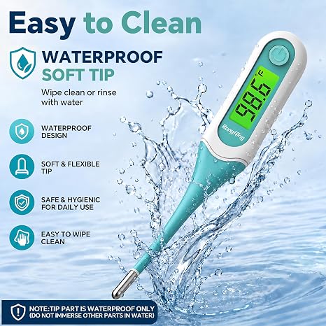 Digital Oral Thermometer for Adults Kids, 8Second Fast Reading Soft Flexible Tip Thermometer, 3Color Backlight Fever Alarm, Waterproof, Oral Rectal Underarm Use,with Storage Case