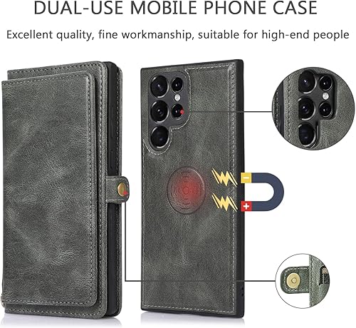 Miniatura 4 de Asuwish Funda de teléfono para Samsung Galaxy S23 Ultra 5G, funda desmontable con tapa de cuero para tarjeta de crédito, parte trasera magnética,