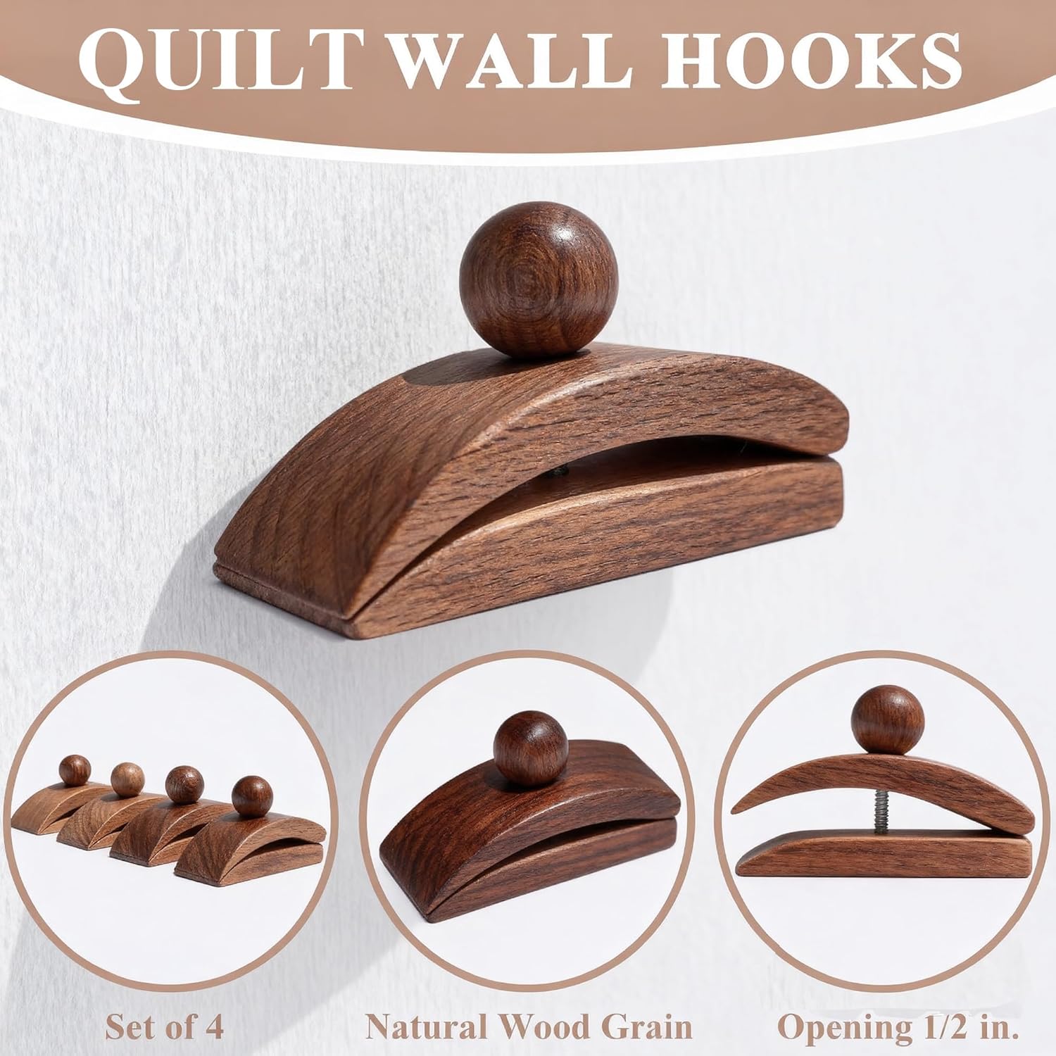 OHIYO Solid Walnut Wood Tapestry Wall Hangers 4 Pack Quilt Hangers, Blanket Hanger Clamps for Display, Wooden Wall Clips for Hanging Rug