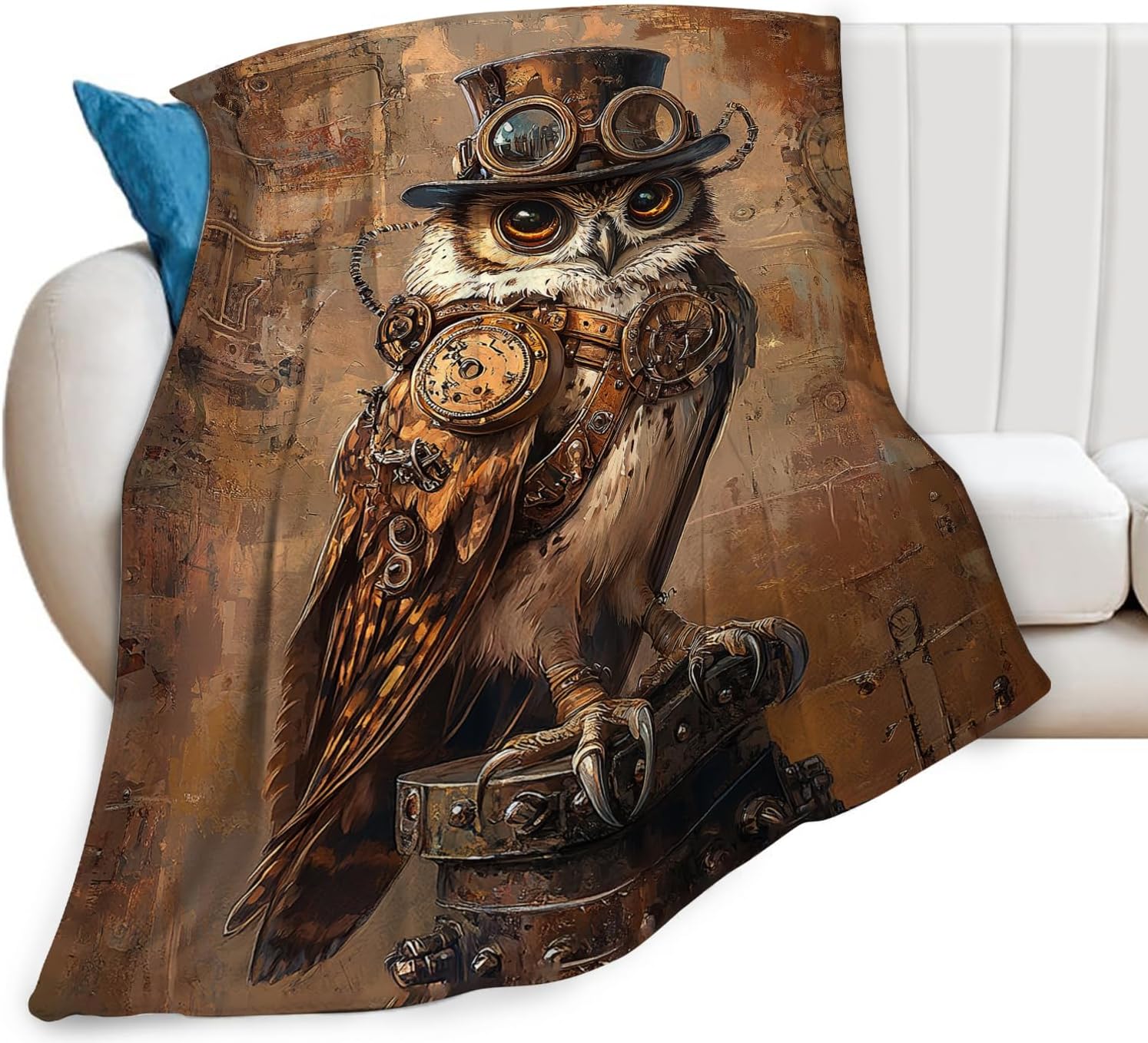 Retro Owl Blanket, Steampunk Throw Blanket, Owl Gifts, Vintage Blankets, Owls Stuff Fleece Flannel Plush for Women Men Boys Girls Lovers Adults Soft Bedding for Sofa Bed Office Home Decor 80"X60"