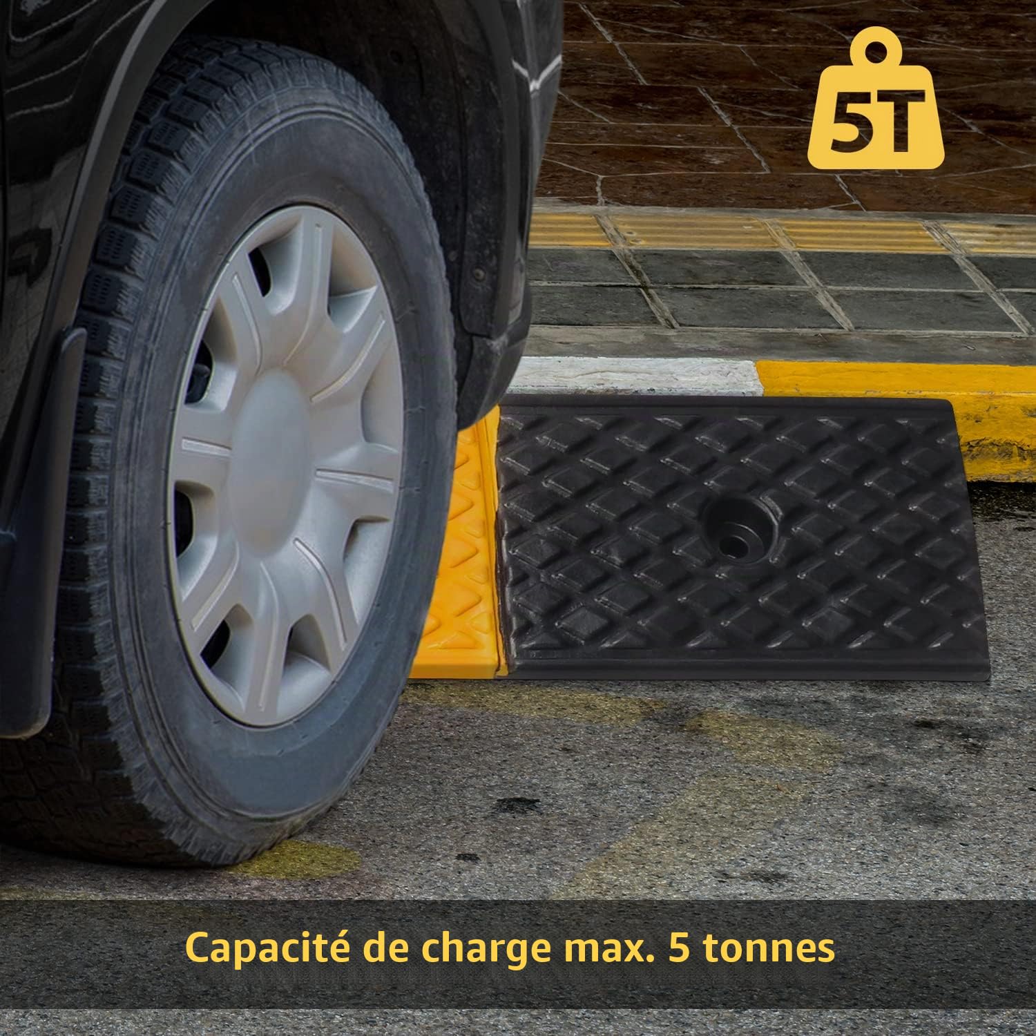 uyoyous Rampe de trottoir en caoutchouc de 5 cm de haut - Rampe de seuil de porte - Rampe d'accès - Rampe en caoutchouc pour allée, trottoir, moto, scooter, voiture, 100 x 15 x 5 cm, jaune + noir