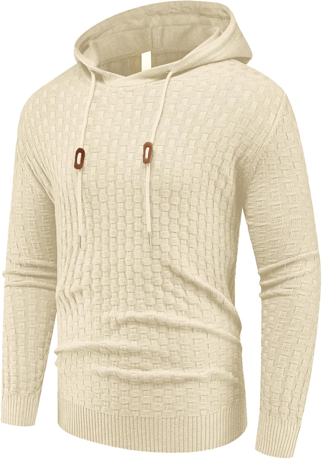 Askdeer Men's Pullover Sweater Long Sleeve Waffle Knitted Sweater Casual Soft Hoodie Pullover Sweaterwith Ribbing Edge Beige - Image 4