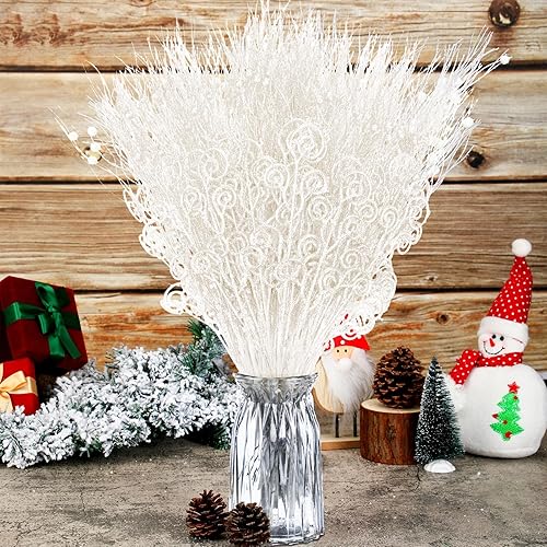 Miniatura 4 de Tigeen 48 piezas de tallos de bayas artificiales de Navidad de 17 pulgadas y 12 pulgadas con purpurina artificial, palitos de Navidad, ramas