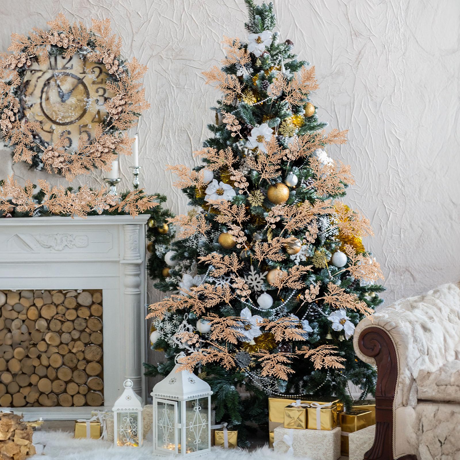 Cindeer 80 Stück Champagner Gold Weihnachten Glitzer Beeren Stiele Tannennadeln Weihnachten Künstliche Picks Fake Floral Zweige Spray für Weihnachtsbaum Ornamente DIY Kranz Girlande Dekorationen