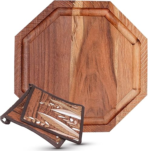 K & R Salvamanteles de madera de acacia para platos calientes  Tabla de cortar reversible y 2 almohadillas calientes  Tabla de servir multiusos