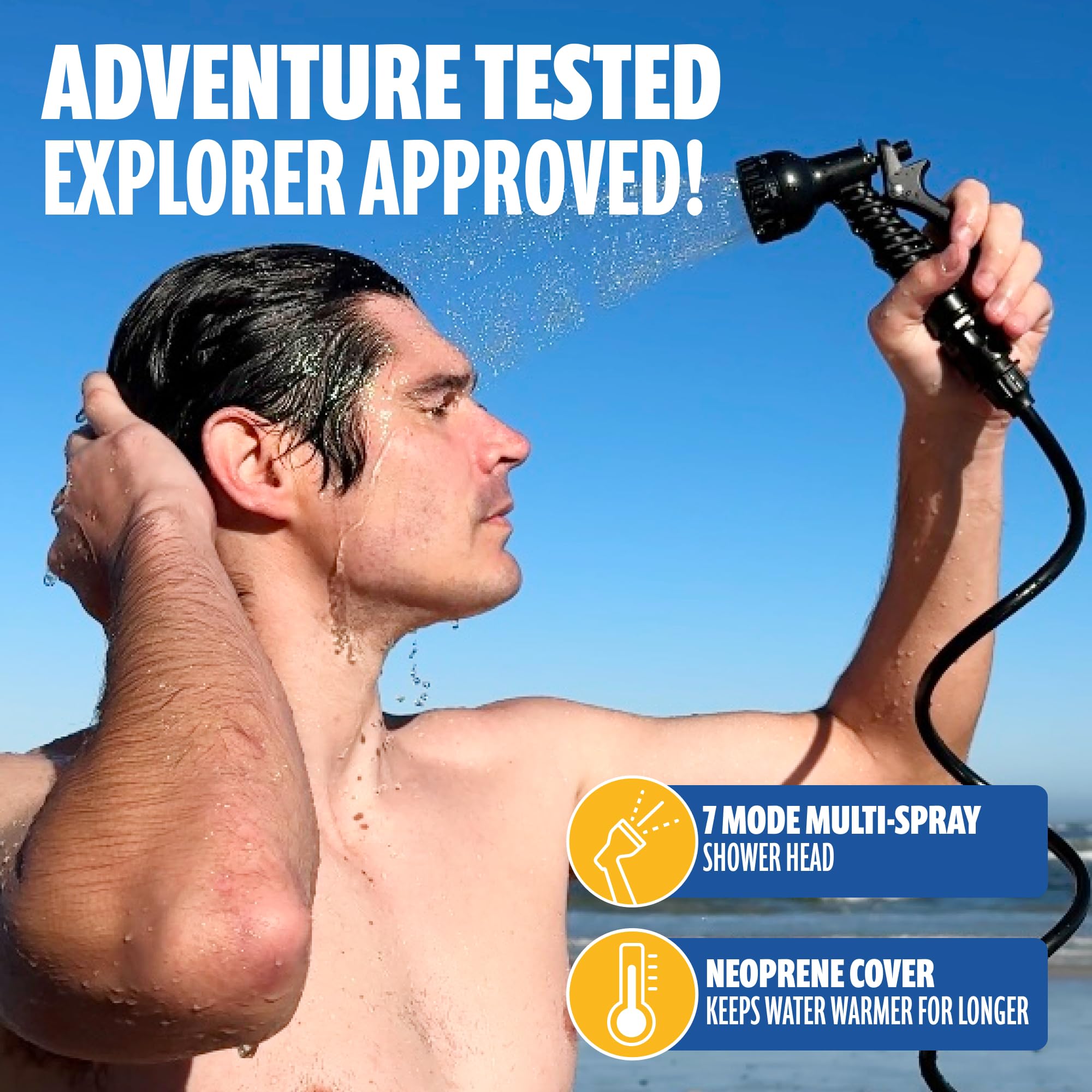 SUN NINJA Portable Shower 8L, Camping Shower with 7 Mode Shower Head, Neoprene Cover Helps Keep Water Warm, High Pressure Hose, Easy to Carry, Black and Orange