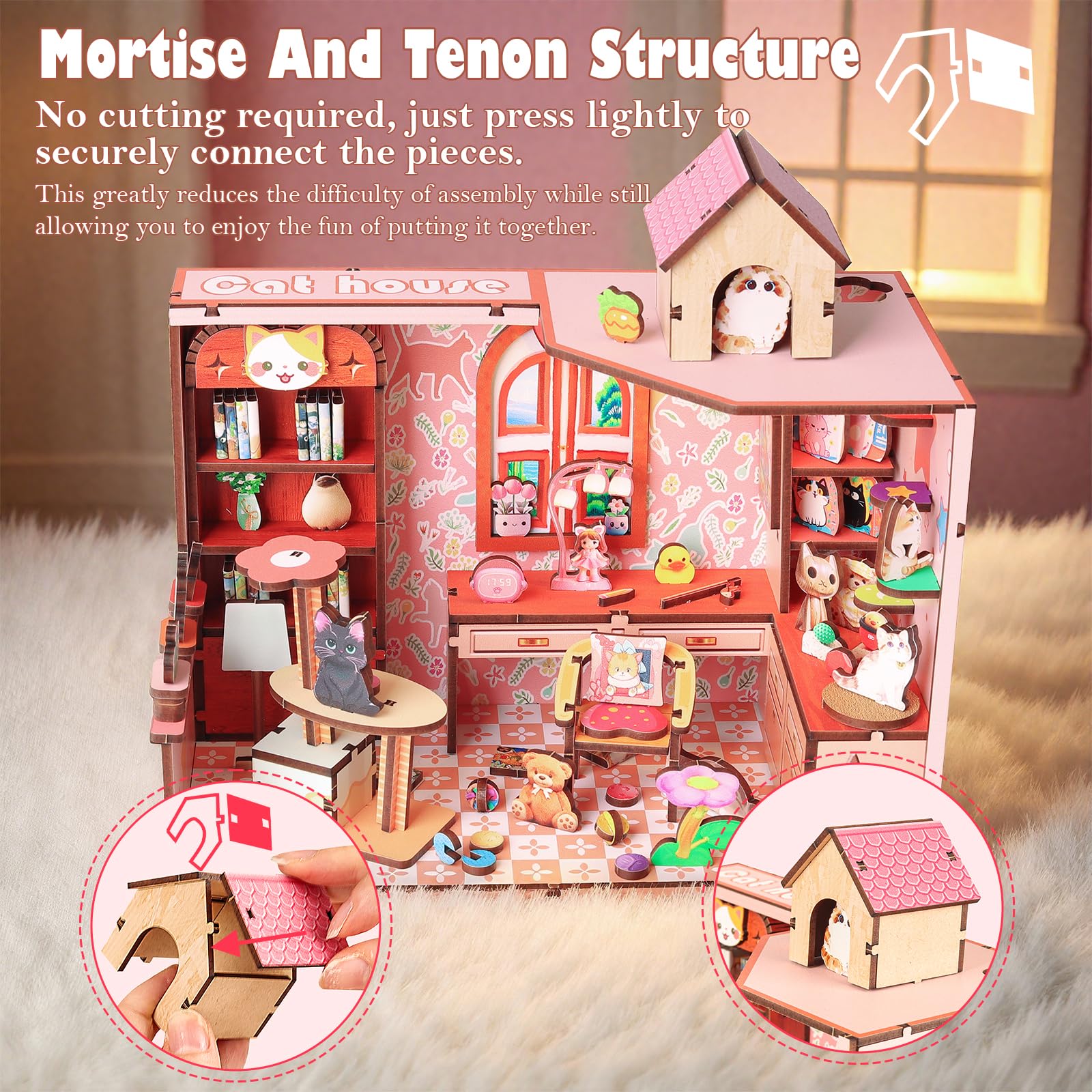 Cuteefun Maison Miniature DIY Kit, Maison Poupee Bois avec LED, Construction à Tenons et Mortaises, Facile à Assembler, Cadeaux d'anniversaire, de Noël, d'halloween (Cabane à Chat)