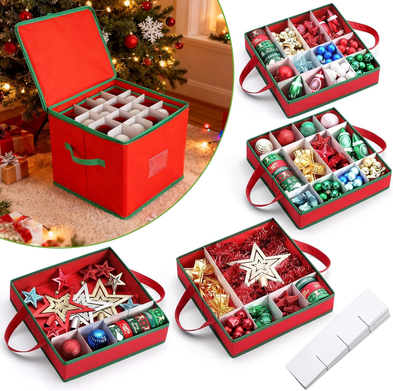 2 PCS Christmas Ornament Storage with Dividers - Stores upto 128 Holiday Ornaments, Zippered Top, Two Handles, Storage Box for Xmas Decorations