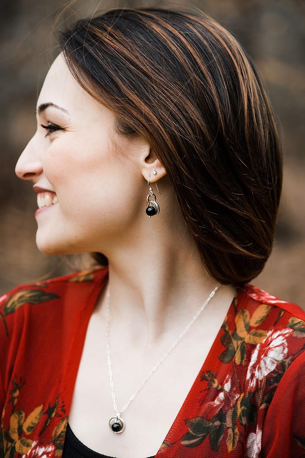 Tahmi Real 8MM Black Onyx Minimalist Jewelry Gift Set Idea for Women with Dainty Sterling Silver 925 Dangle Earrings and 18 Inch Paper Clip Chain Necklace with Classic Pendant