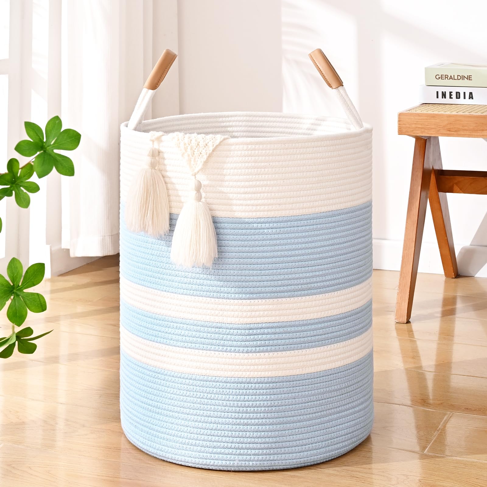Large Laundry Basket, Laundry Hamper with Leather Handles, 90L Woven Dirty Clothes Hamper, Rope Hampers for Bedroom, Barthroom, Blue