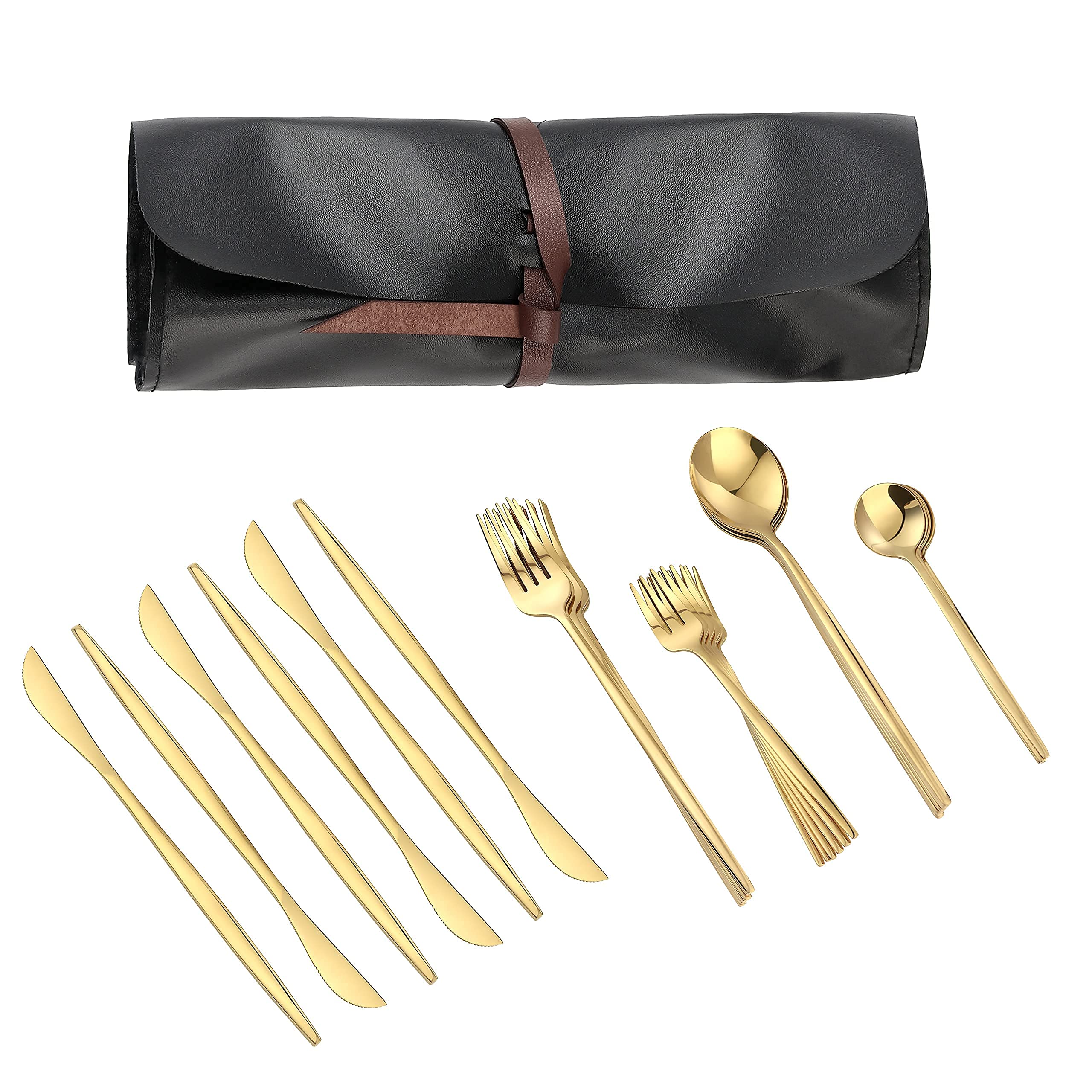 Venuy Juego de 30 cubiertos con cuchillos de carne, cucharas y tenedores, para 6, cubiertos cubiertos y utensilios básicos de vajilla, acabado espejo, apto para lavavajillas
