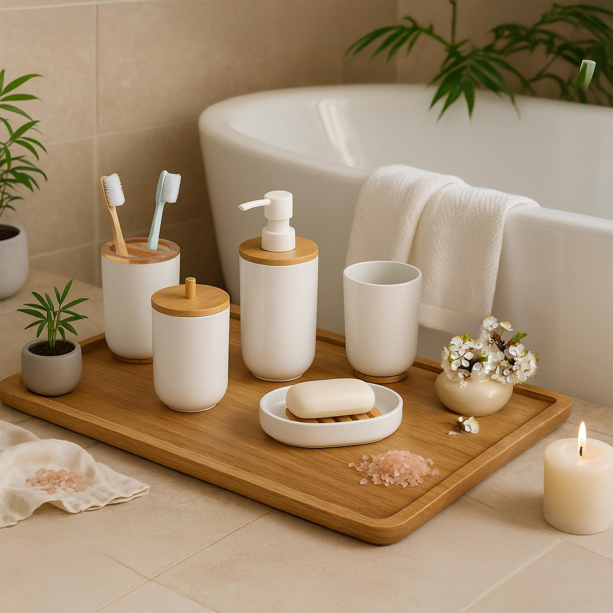 Relaxdays Set Bagno 7 Accessori, Cestino, Scopino WC, Portasapone, Saponetta, Portaspazzolino, Plastica e bambù, Bianco