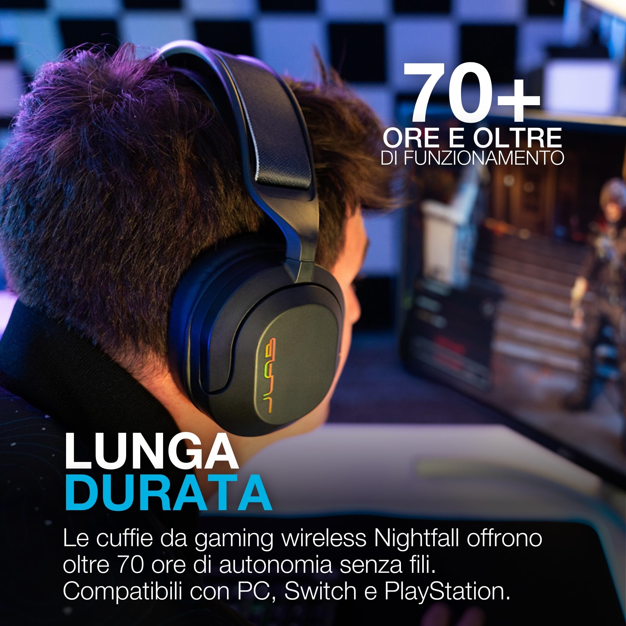 JLab Nightfall Cuffie da gioco wireless Over-Ear - Cuffie gaming con microfono per PC/PlayStation/Nintendo Switch - Driver da 50 mm, cuscinetti in schiuma Cloud e isolamento acustico interno