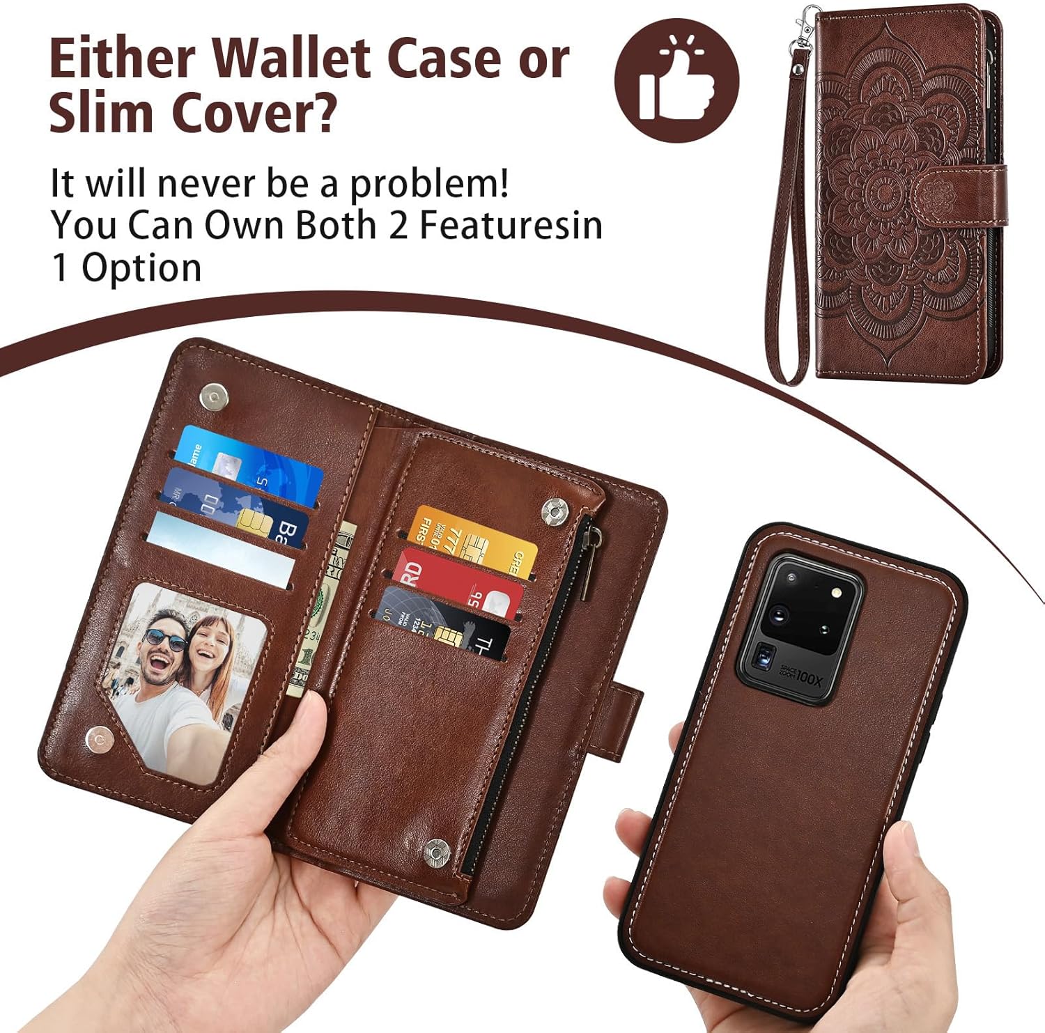 Phone Case for Samsung Galaxy S20 Ultra 5G Zipper Wallet Detachable Cell Cover with Screen Protector Crossbody Lanyard Strap Flower Card Holder S20ultra 20S S 20 A20 S2O 20ultra G5 Women Girls Brown