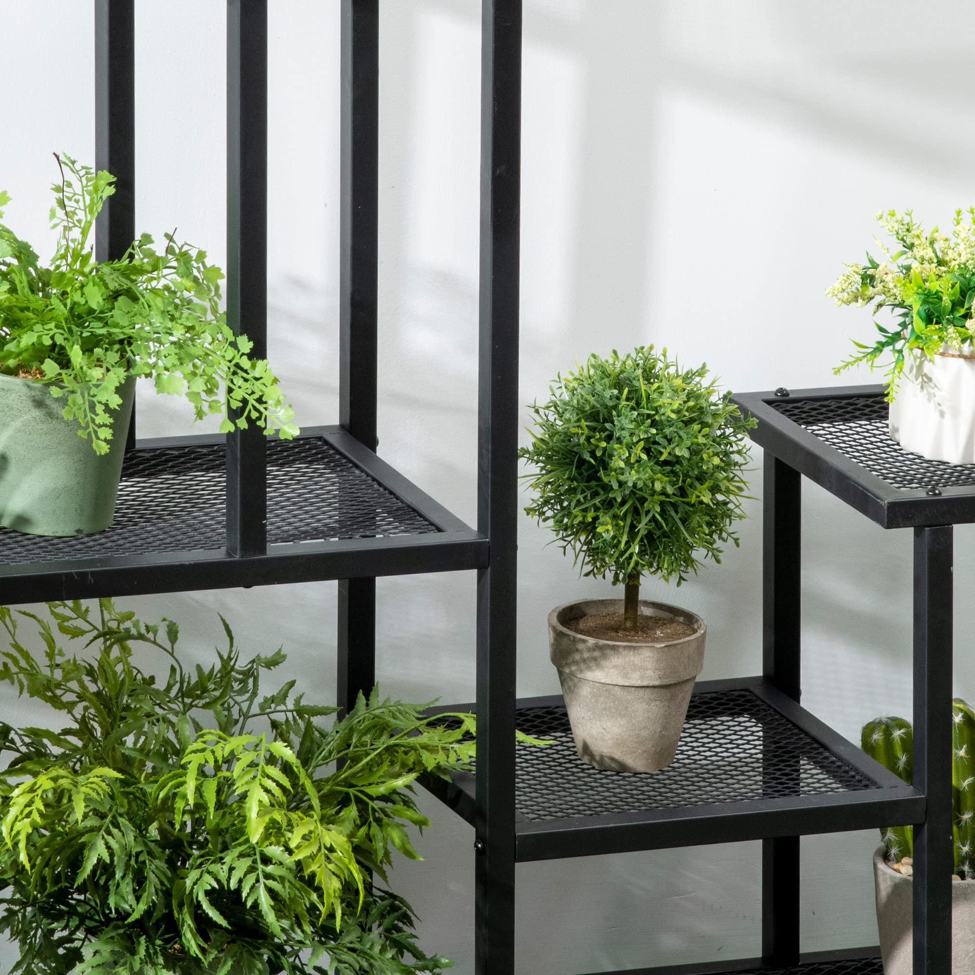 Outsunny 4-Etagen Pflanzenständer, 83cm hoch Blumenständer für Innen Außen, Pflanzenregal aus Metall, mehrstöckig Blumenregal, Blumentopfständer für Wohnzimmer, Garten Balkon Deko, Schwarz