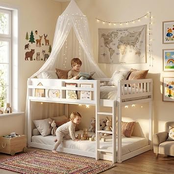 Low Bunk Bed Twin Over Twin, Wood Toddler Bunk Beds with Bookshelf & Ladder, Kids Floor BunkBed with Full Guardrails for Juniors, Boys, Girls Bedrooms or Small Spaces,White