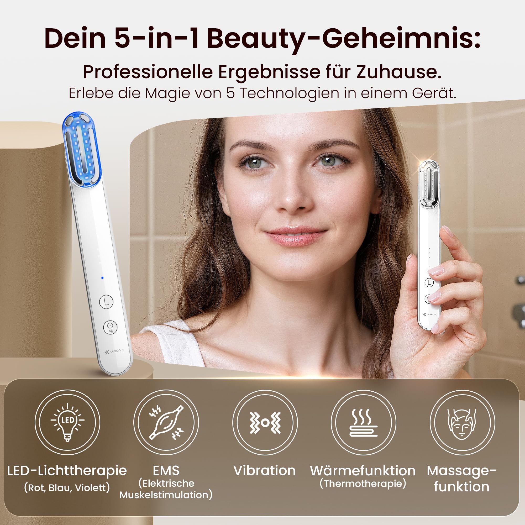 EMS Gua Sha elektrisch Gesichtsmassagegerät gegen Falten [5-in-1 tragbar & wiederaufladbar] Guasha Rotlicht Maske Gesicht | Red Light Therapy Face Lifting Gerät mit Rot, Blau- & Violettlicht
