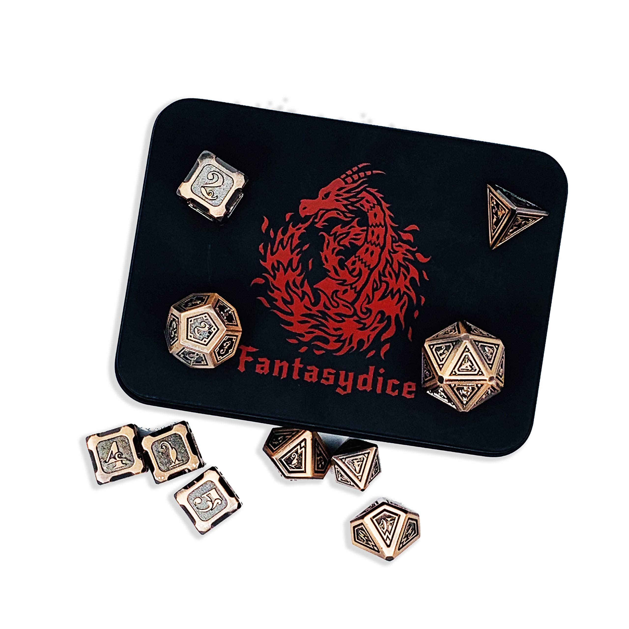 Fantasydice Lot de 11 dés polyédriques en métal motif dragon cuivré pour D&D, DND, Shadowrun, Pathfinder, Warhammer, Call of Cthulhu et plus encore