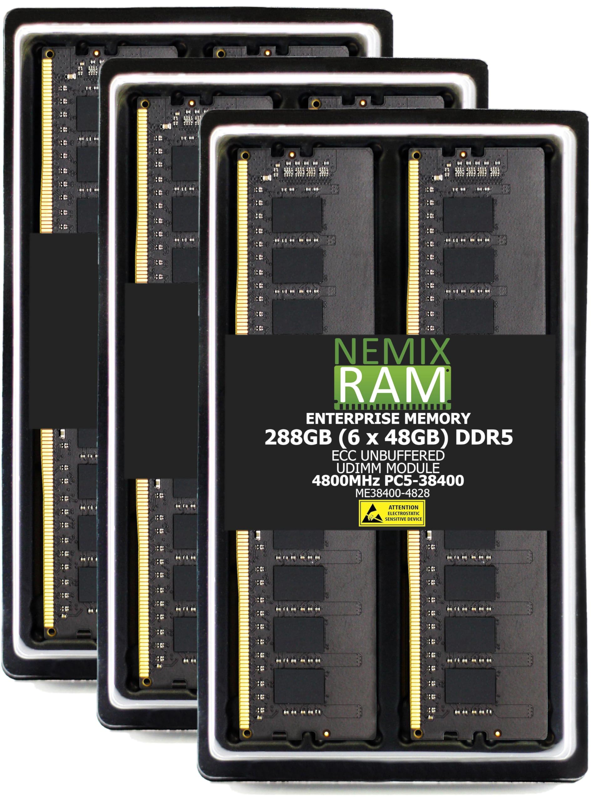 NEMIX RAM 288GB (6X48GB) DDR5 4800MHz PC5-38400 2Rx8 1.1V CL40 288-PIN ECC Unbuffered UDIMM PC Memory KIT 288GB (6X48GB) DDR5 4800MHZ ECC UDIMM