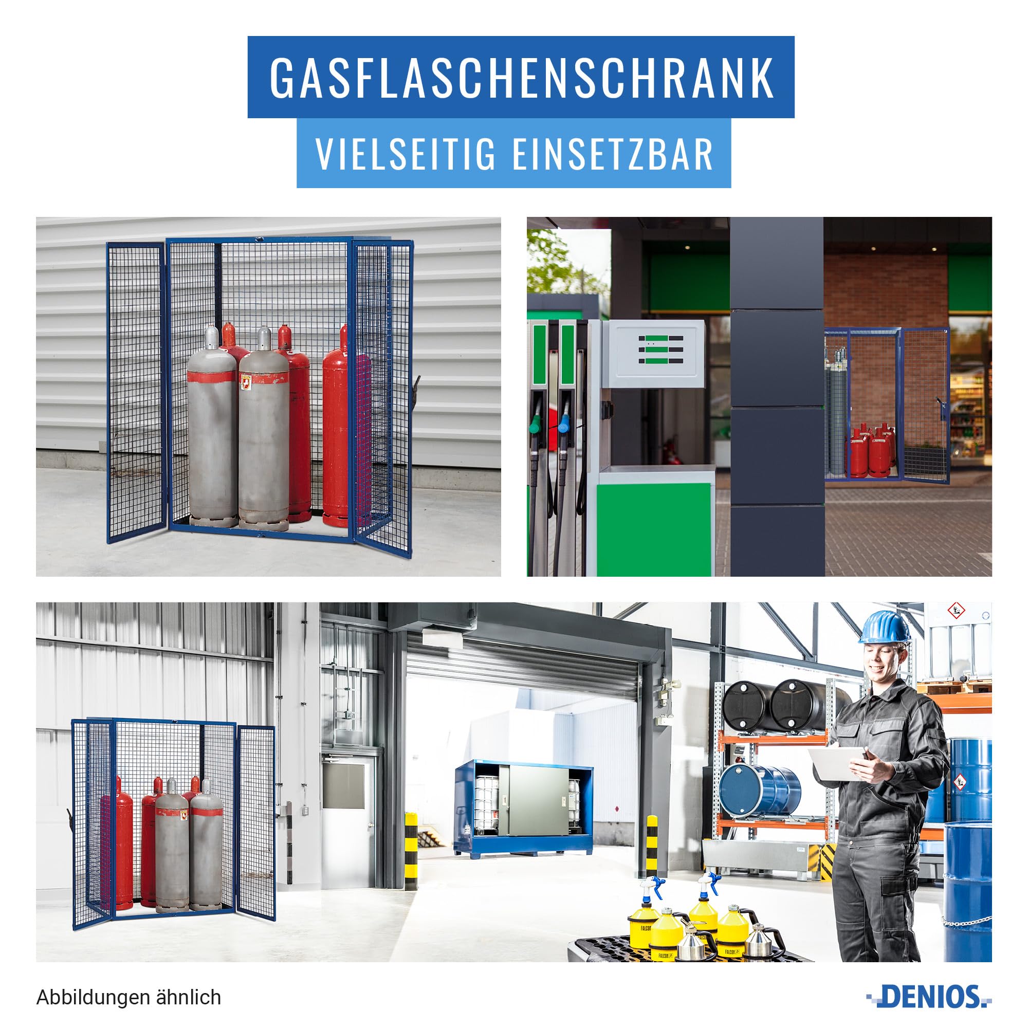DENIOS® Gefahrstoffschrank aus Stahl I Gasflaschenschrank I Hochwertig I 1250 mm x 1850 mm x 800 mm, zur Lagerung von bis zu 8 Gasflaschen, überdachte Außenaufstellung