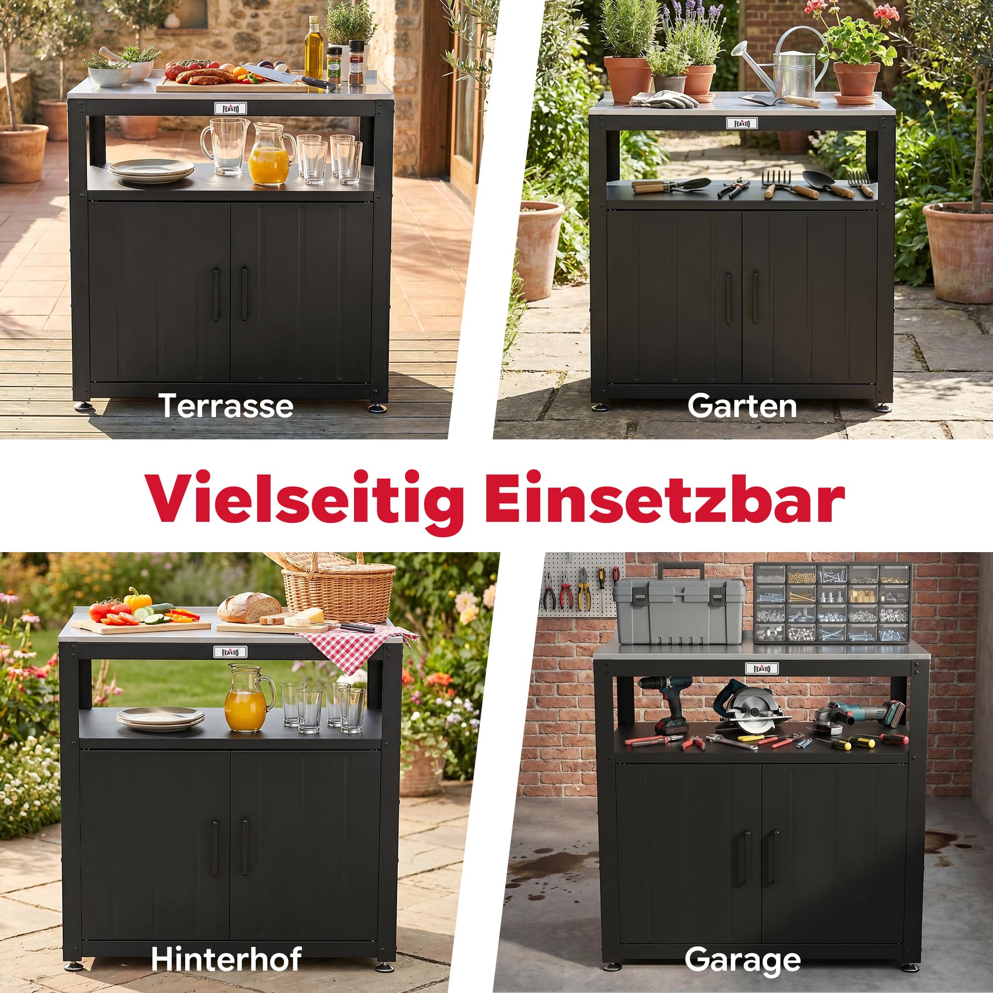 Feasto Pflanztisch mit Unterschrank, Gartenschrank wetterfest Outdoor mit Edelstahl - Arbeitsplatte, für Garten & Terrasse, 80x45x82cm